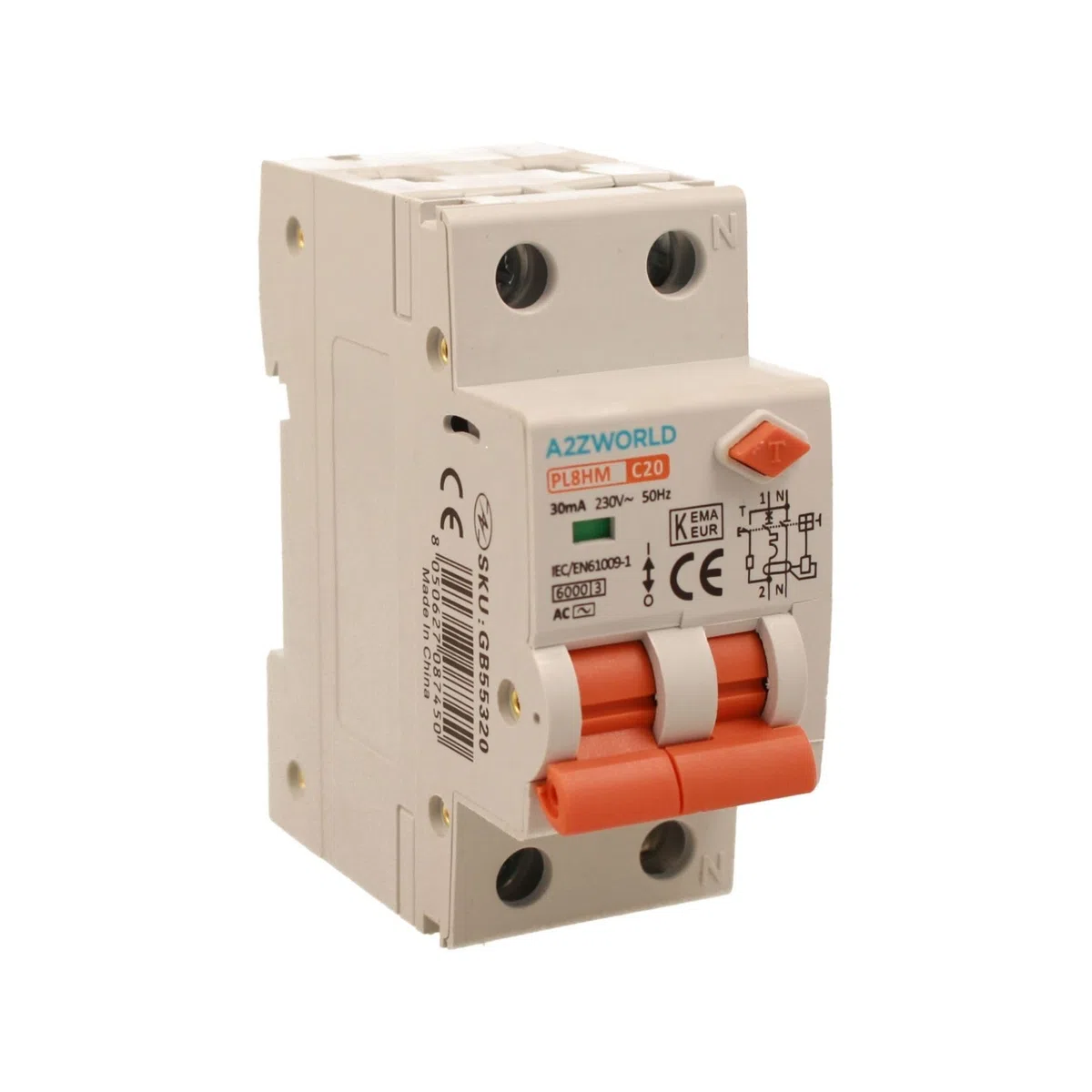 Interrupteur magnétothermique différentiel double levier 30 mA 20 A C20 230 V, RCBO Type AC Courbe C, 1P+N 6 kA 30 mA, 2 modules DIN