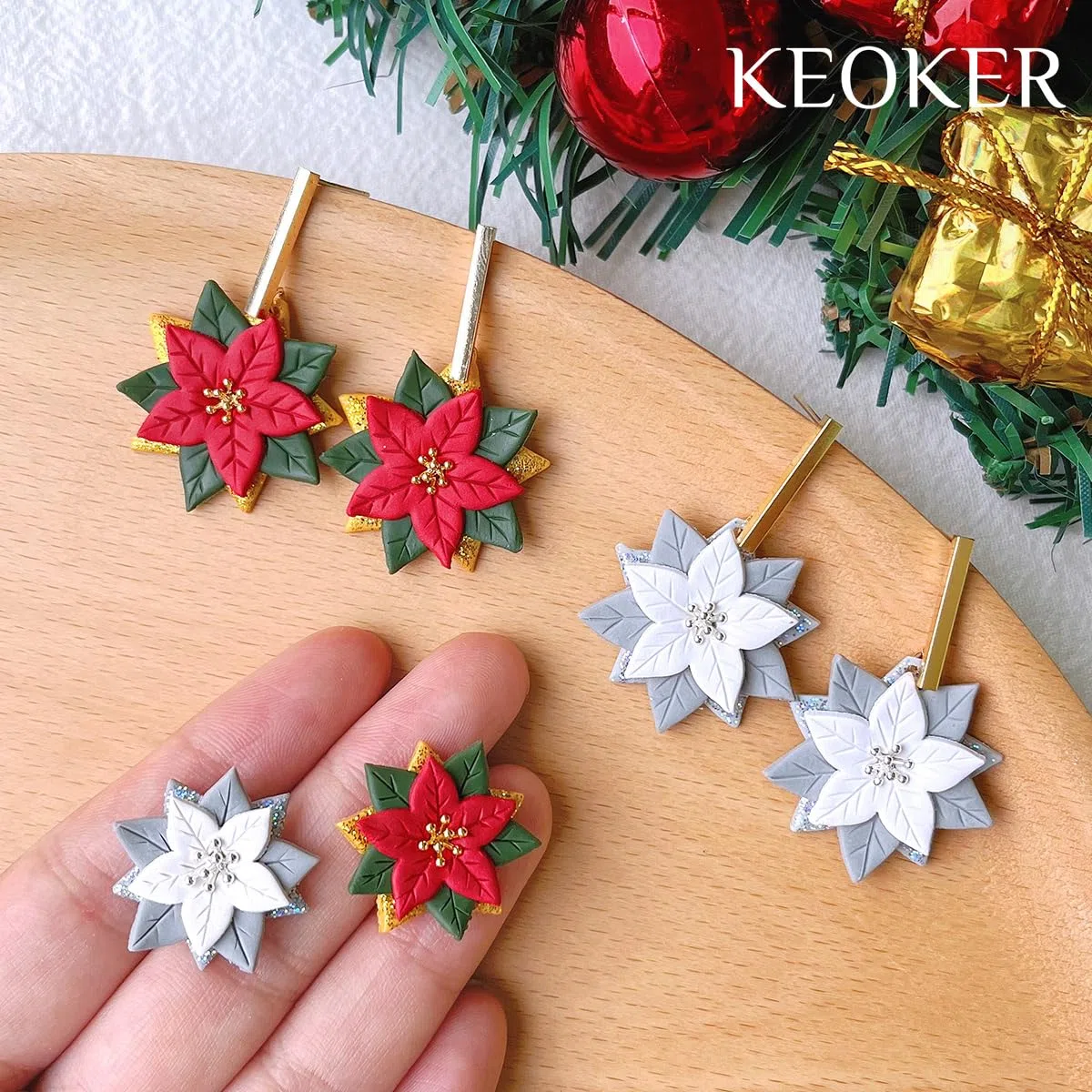 KEOKER Emporte-pièces pour argile de Noël - Formes pour boucles d'oreilles en argile polymère : Poinsettia, Grinch (10 pièces)