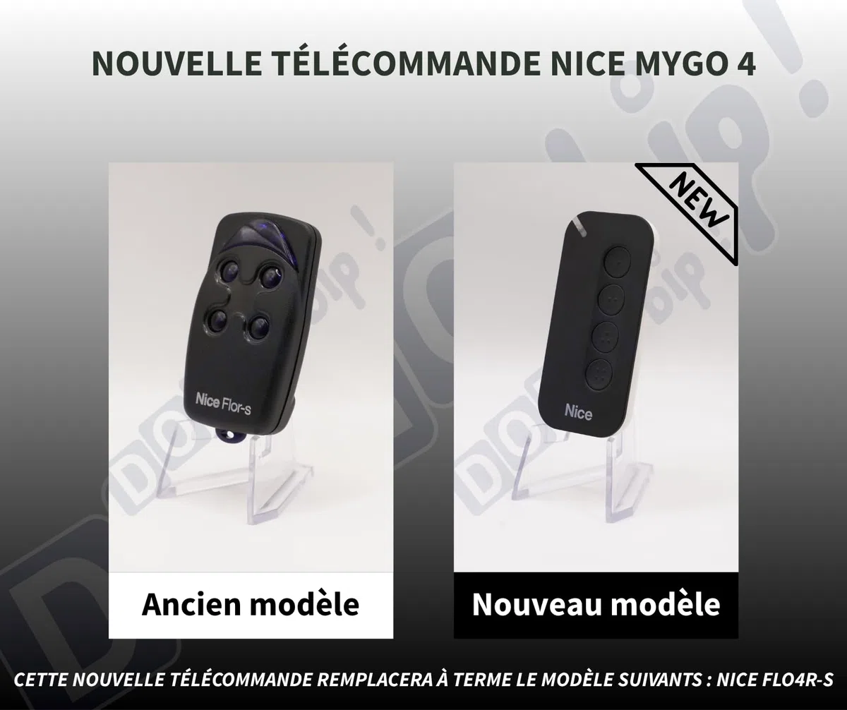 Nice FLO4R-S Devient MYGO4 - Télécommande 4 canaux pour portails et Garage - Rolling Code/O-Code 433,92 MHz - Compatible FLOX2R/FLOXI2R/OX2/OXIBD - Émetteur Officiel certifié + 1 Goodies DOMOBIP