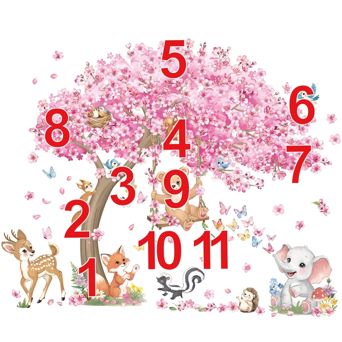 decalmile Stickers Muraux Animaux Bois Arbre Fleur de Cerisier Grand Autocollant Mural Animaux Forêt Cerf Renard Fleurs Rose Décoration Murale Bébé Fille Chambre Enfants Pépinière