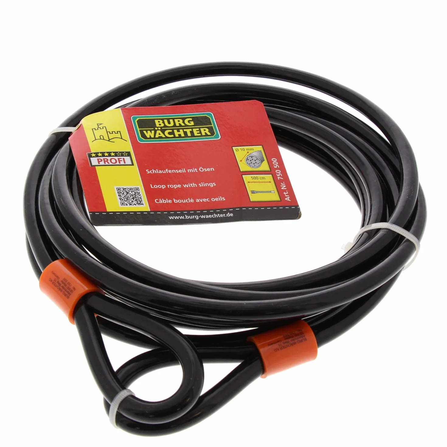 Câble de sécurité Burg-Wächter avec œillets, câble en acier revêtu (sans verrou), sécurité pour meubles de jardin, vélo, moto, 750 500, noir, 5 m