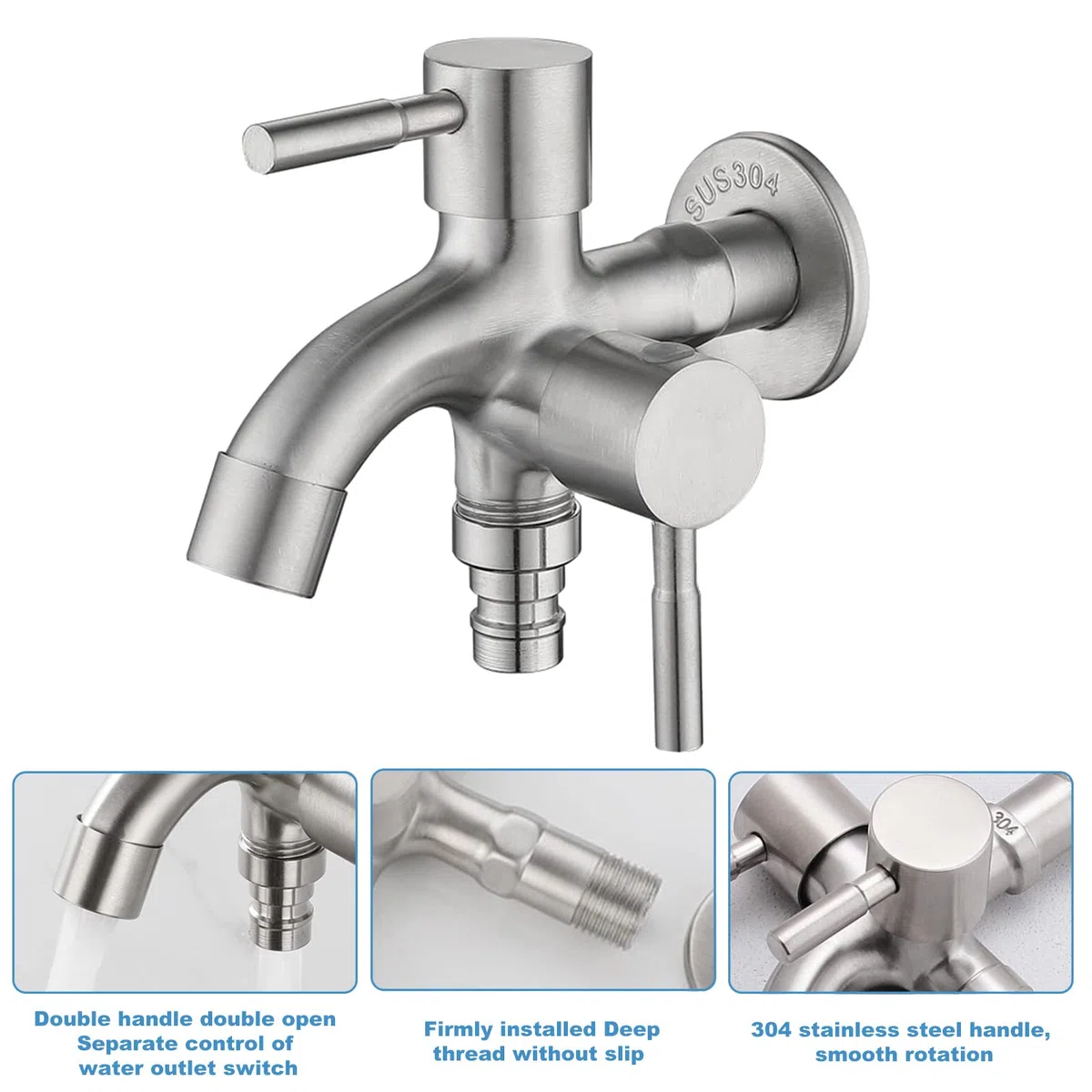 Double robinet universel 1/2" en acier inoxydable avec raccords de tuyau, robinet de jardin double multifonction pour machine à laver, jardin, cuisine, salle de bain