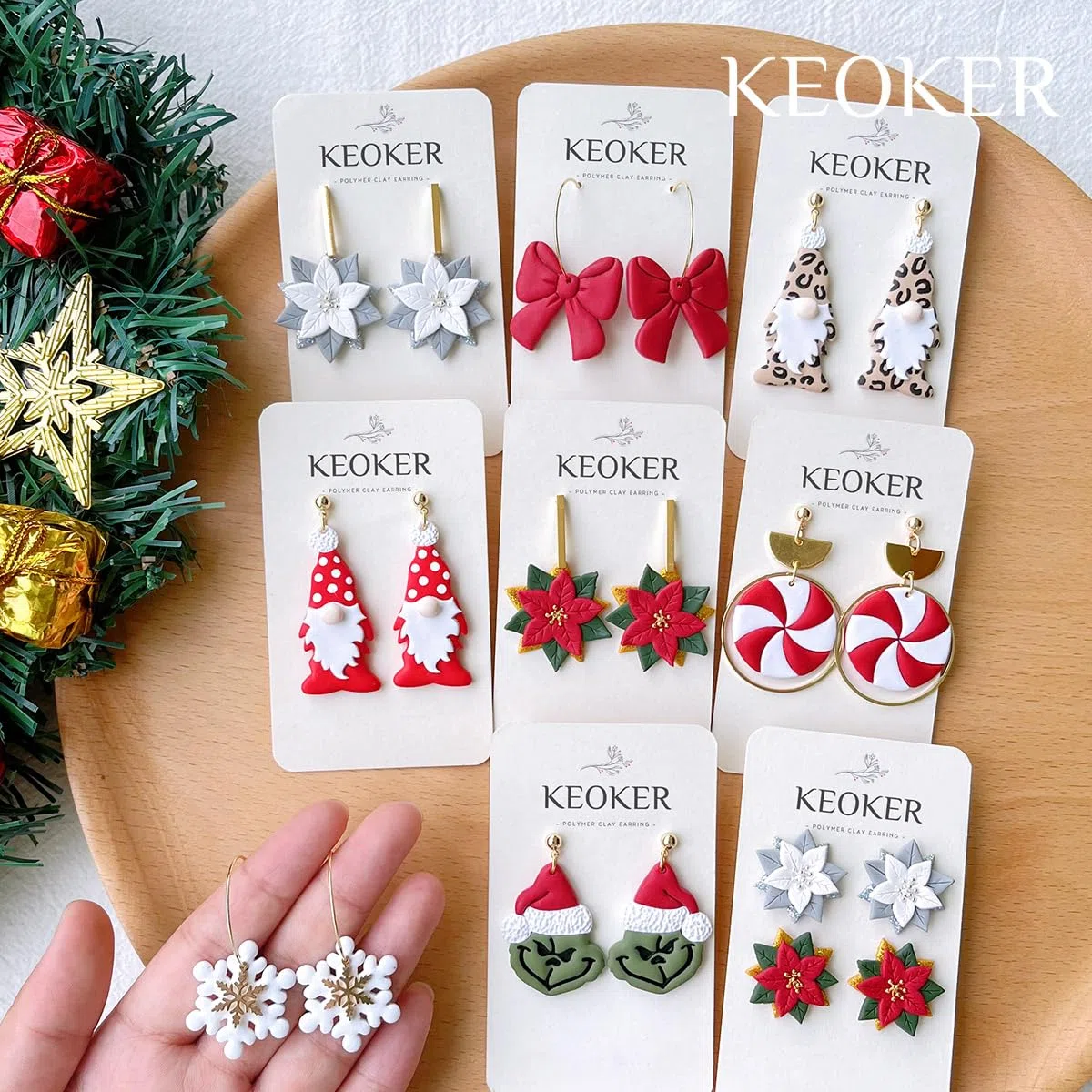 KEOKER Emporte-pièces pour argile de Noël - Formes pour boucles d'oreilles en argile polymère : Poinsettia, Grinch (10 pièces)