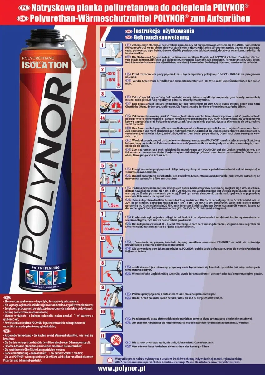 POLYNOR Isolation thermique PUR en bombe PRO - Kit - 24 mousses - Pistolet à mousse - Isolation thermique par pulvérisation - Isolation des murs, toits, plafonds, tuyaux - Aérosol 750 ml
