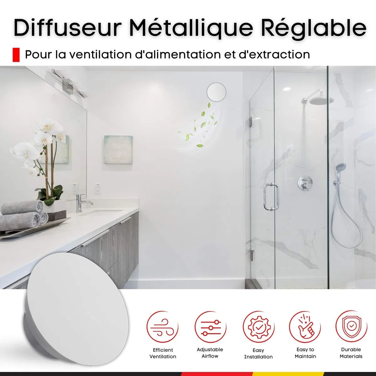 Steinberg14 Bouche VMC - 100mm Diffuseur Rond en Métal - Valve d'air Réglable au Plafond Mural - Clapet d'Alimentation et d'Extraction d'air - Grille d'aération - Blanc