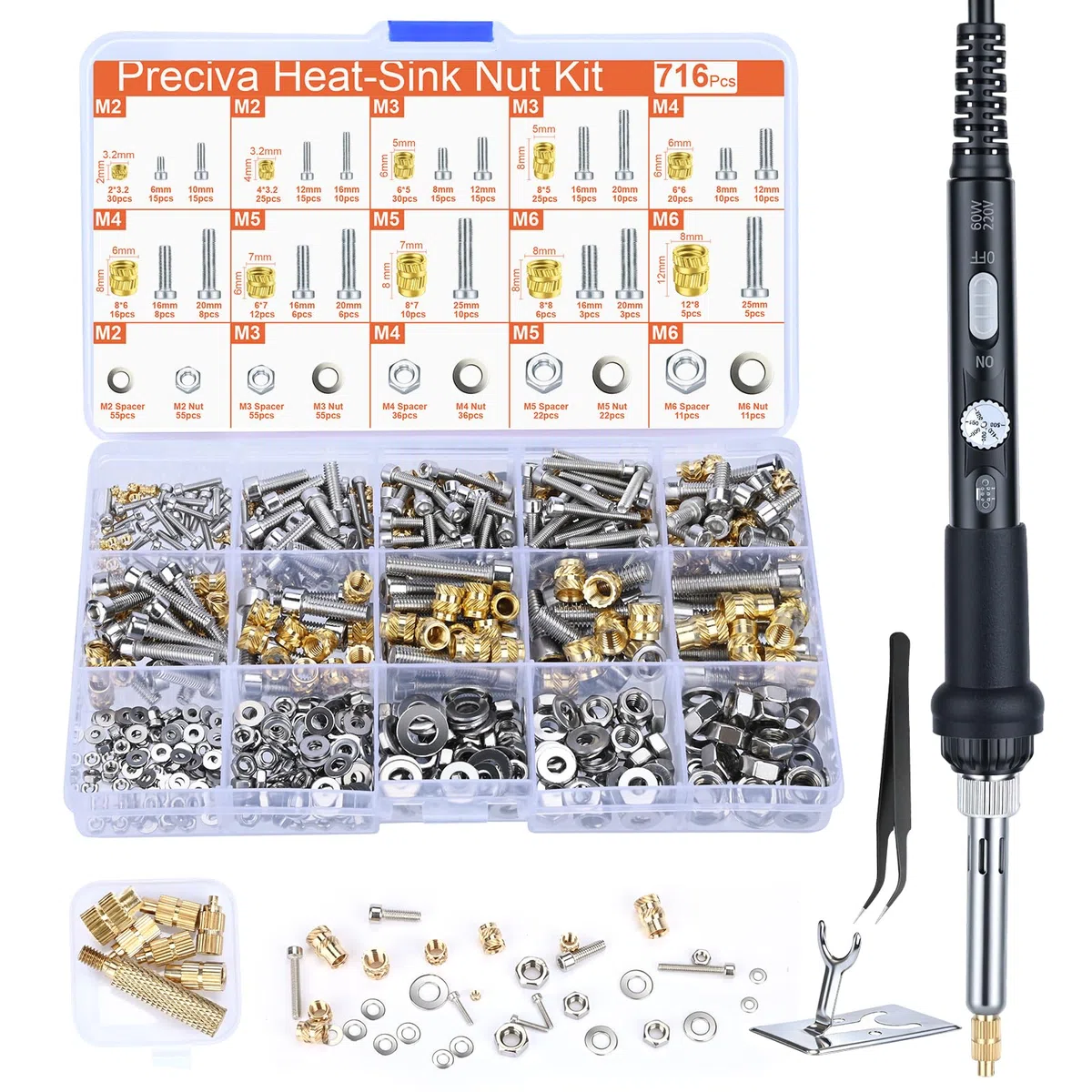 M2-M6 Insert Fileté Metal,Preciva 716Pièces Inserts Filetés,Kit de Fer à Souder pour Insert Impression 3D,M2-M6 Écrou Stable pour Plastique,Pièces en Laiton Imprimées en 3D par Fusion Thermique