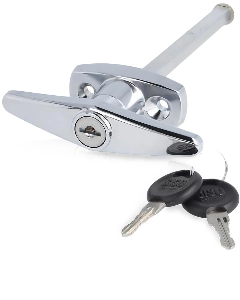 JUVA Poignée de porte de garage verrouillable – poignée en T chromée avec carré 8 mm, métal poli – pour portes basculantes – manœuvre sûre & haute résistance aux intempéries