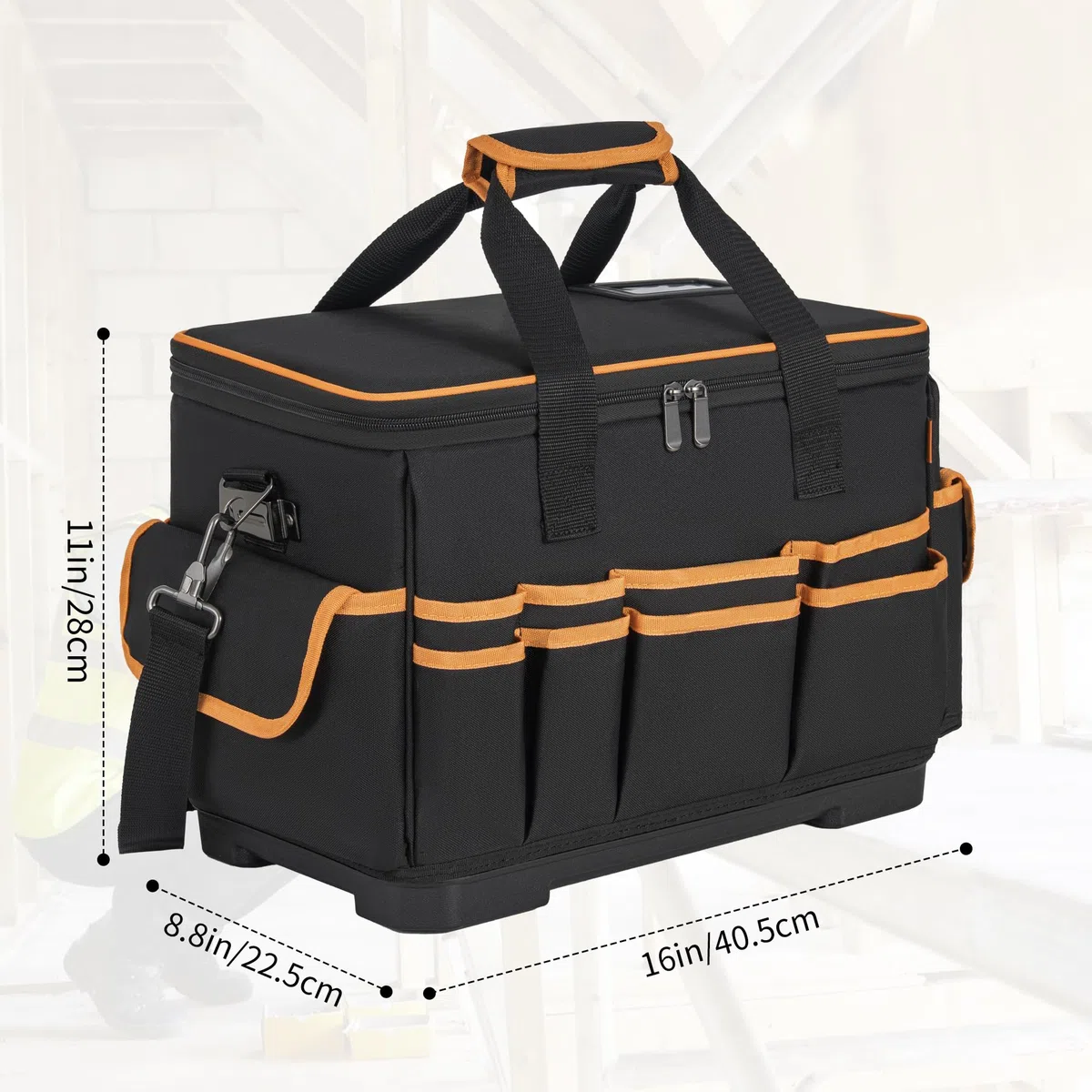 40,5x28x22,5CM Sac à Outils avec 26 Poches et Grande Capacité, Sac de Rangement pour Outils avec Bretelles réglables, Double Fermeture Éclair, Base Rigide Imperméable