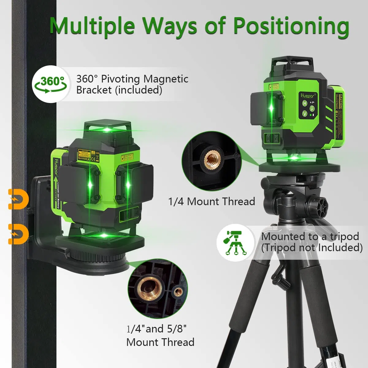 Niveau laser 360 autonivelant, Huepar 4x360 niveau laser 16 lignes vert 4D Croisé Lignes Laser d'extérieur rechargeable acev impulsion mode, 2 Batteries Li-ion, Support Magnétique, Transport Rigide