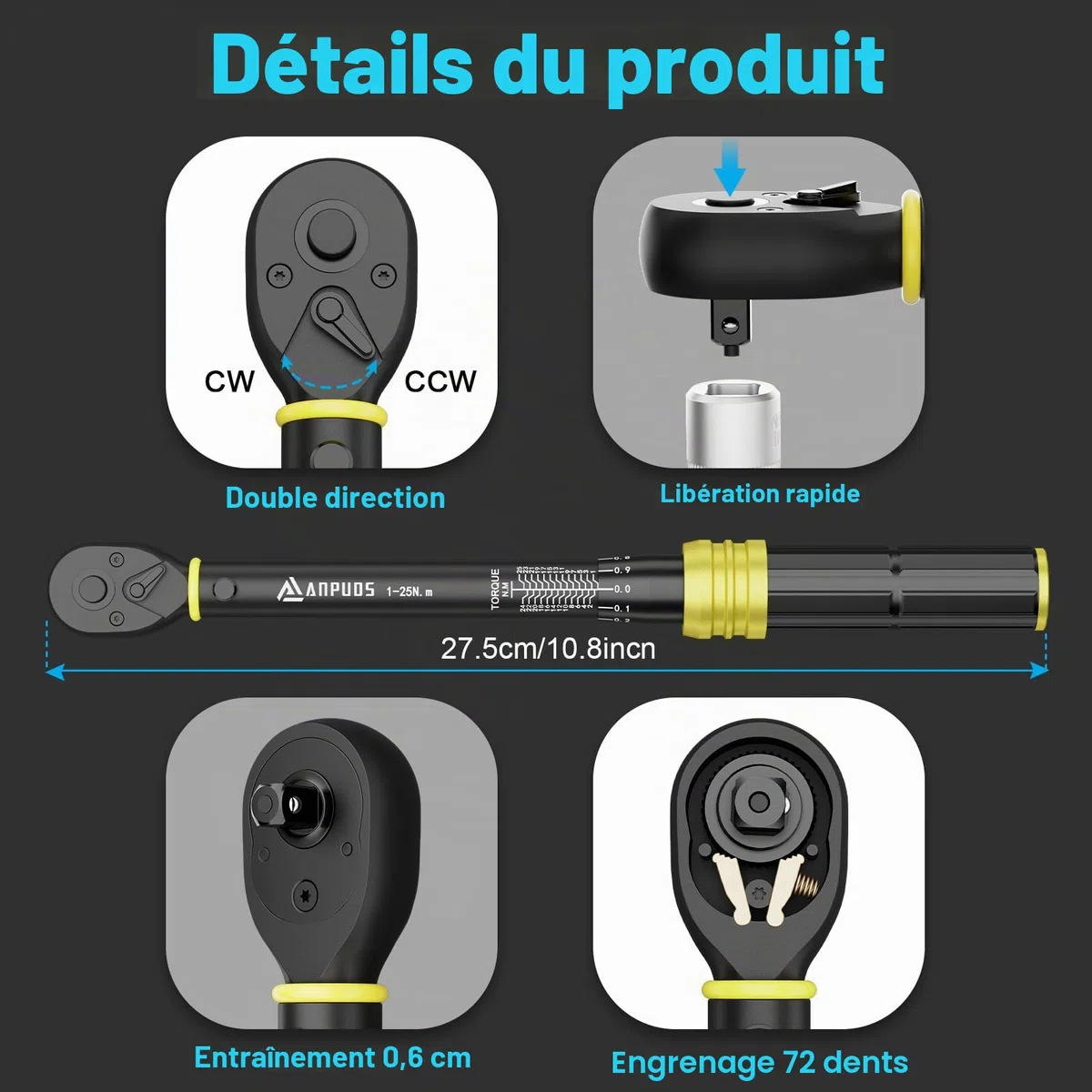 ANPUDS Clé Dynamométrique 1/4'', 1-25Nm Clé Dynamométrique Vélo, 0,1 NM Micro-ajustement, Précision ±3%, 72 Dents Cle Dynamometrique pour Vélos Route Montagne y Moto