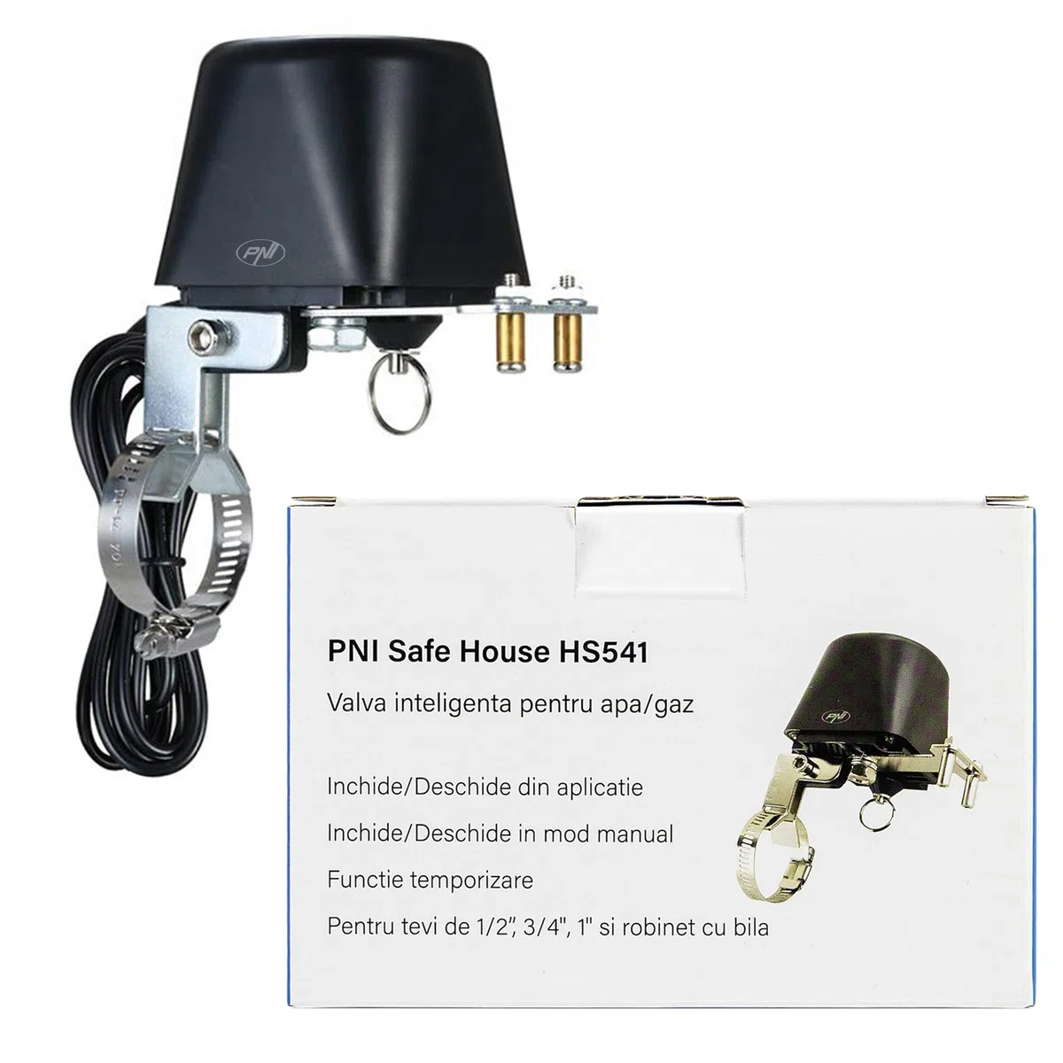 PNI PNI-HS541 Safe House HS541 Vanne intelligente avec Wi-Fi, pour couper l'alimentation des tuyaux d'eau/gaz via Internet, noir