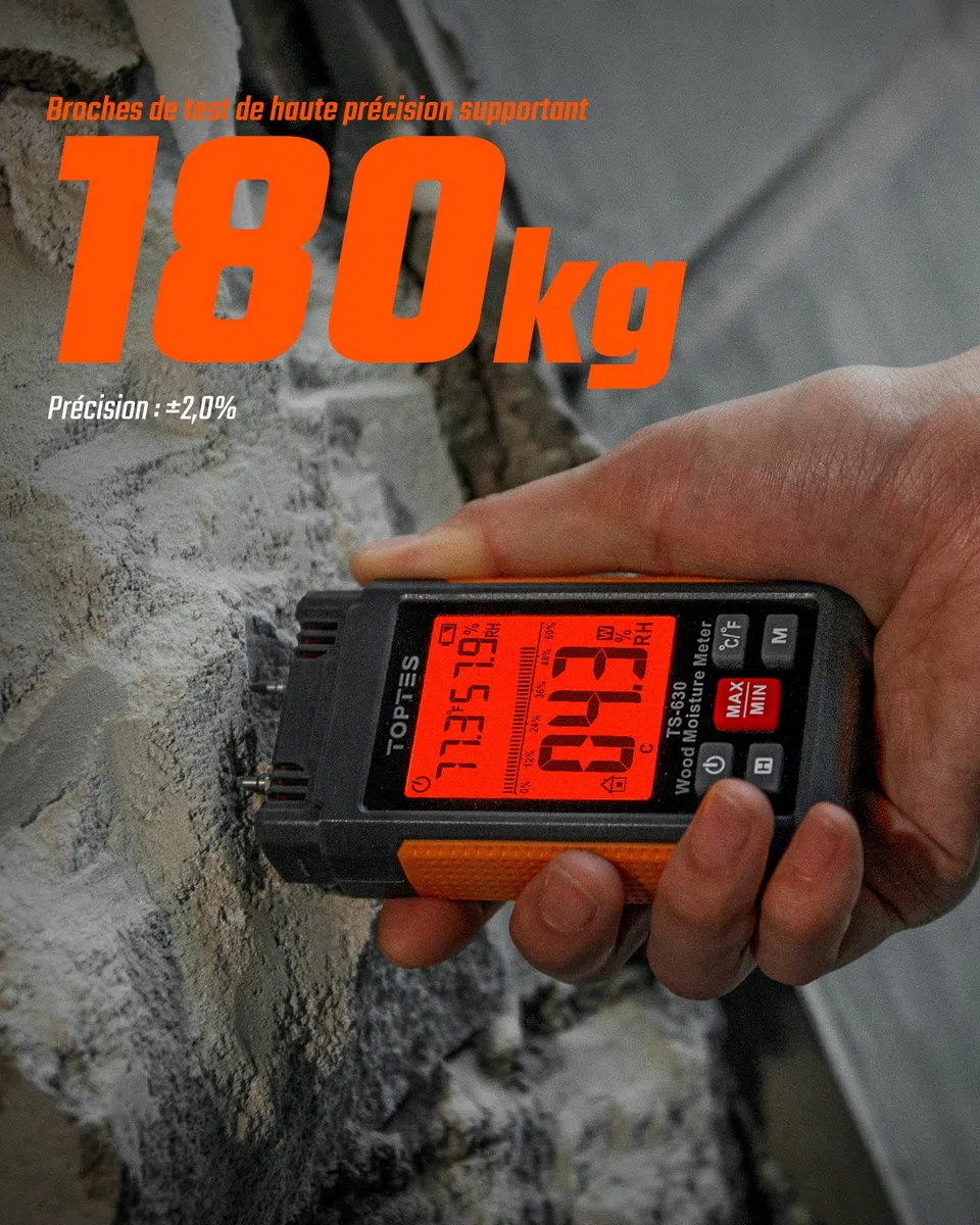 Testeur Humidité, TopTes TS630, Contrôle Rapide Teneur Bois Chauffage & Mur Construction, Grand Écran Rétroéclairé Tricolore, avec 7 Modes, Batterie Incluse