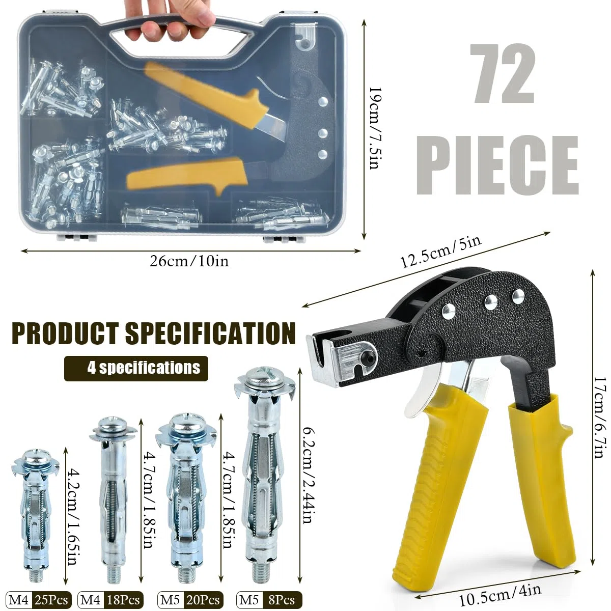Lot de 72 pinces de montage pour mur creux - Pince de montage - Chevilles murales creuses - Pince - Kit avec cavité M4/M5 - Chevilles métalliques avec vis - Jeu de chevilles creuses avec pince pour
