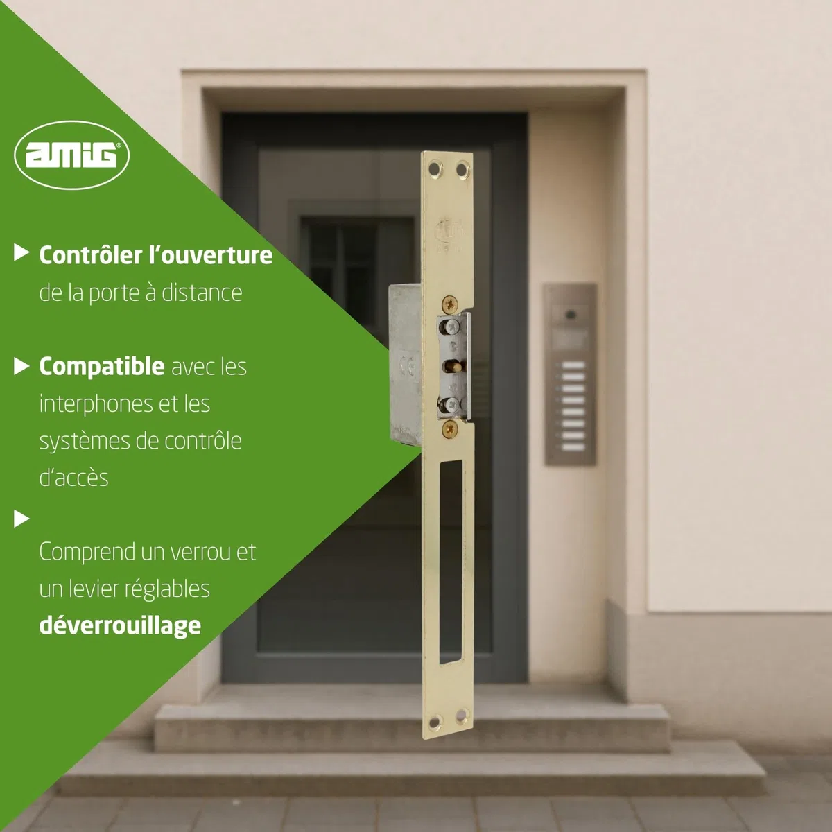 Amig - Gâche électrique encastrable pour contrôle d’accès - Compatible avec pêne demi-tour européen 13 mm - Têtière 250 x 25 mm - Acier laitonné verni - Doré - 8-12 V AC/DC - Mod. 20 avec inhibiteur