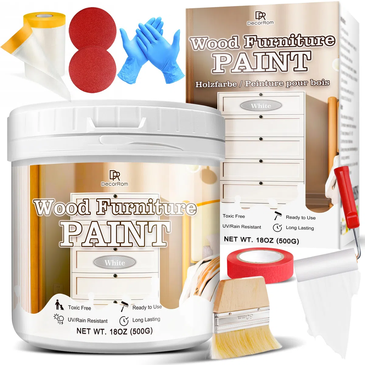 Peinture Meuble Bois Blanc, 500g Peinture Bois Mat PrêT à L'Emploi Pour La RéNovation De Chaises, Tables, Armoires Et Commodes, à Base D'Eau Et Inodore, Pour L'IntéRieur Et L'ExtéRieur, Avec Outils