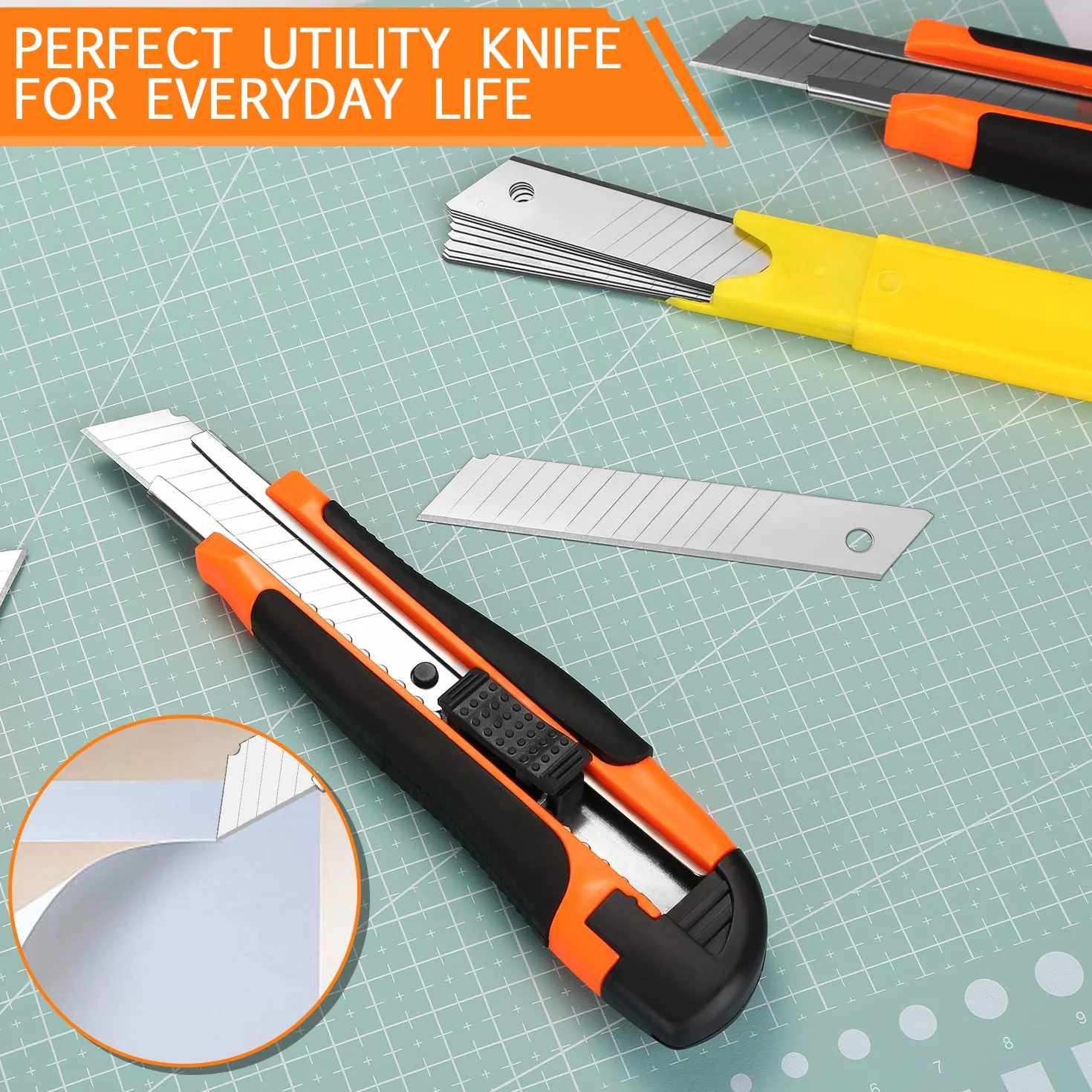Lot de 12 Cutters Professionnels, Cutters à lame rétractable de 18 mm avec 12 lames de rechange supplémentaires, parfait pour couper papier, adhésif, carton, et tissu