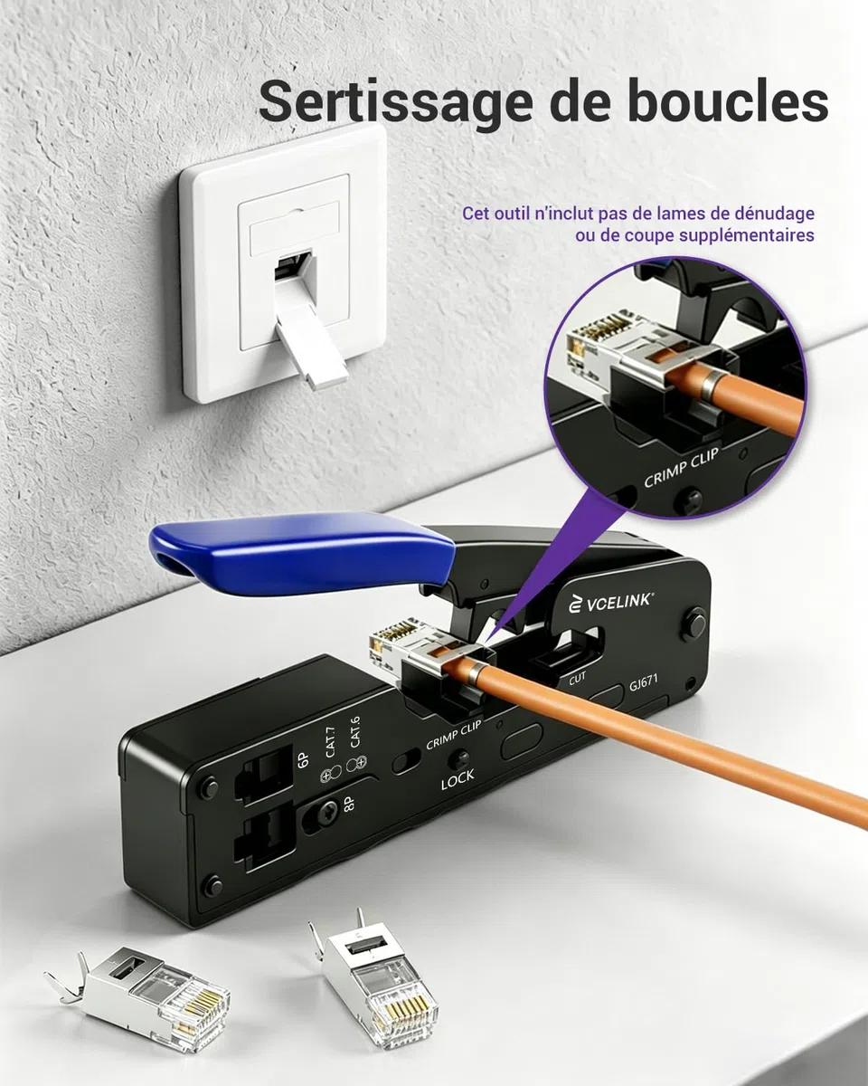 VCELINK GJ671BL Pince à Sertir RJ45 pour Connecteur Réseau CAT5/CAT5E/CAT6/CAT6A/CAT7 Fiche Réseau RJ45 à Sertir et Prise Téléphone 6P RJ11