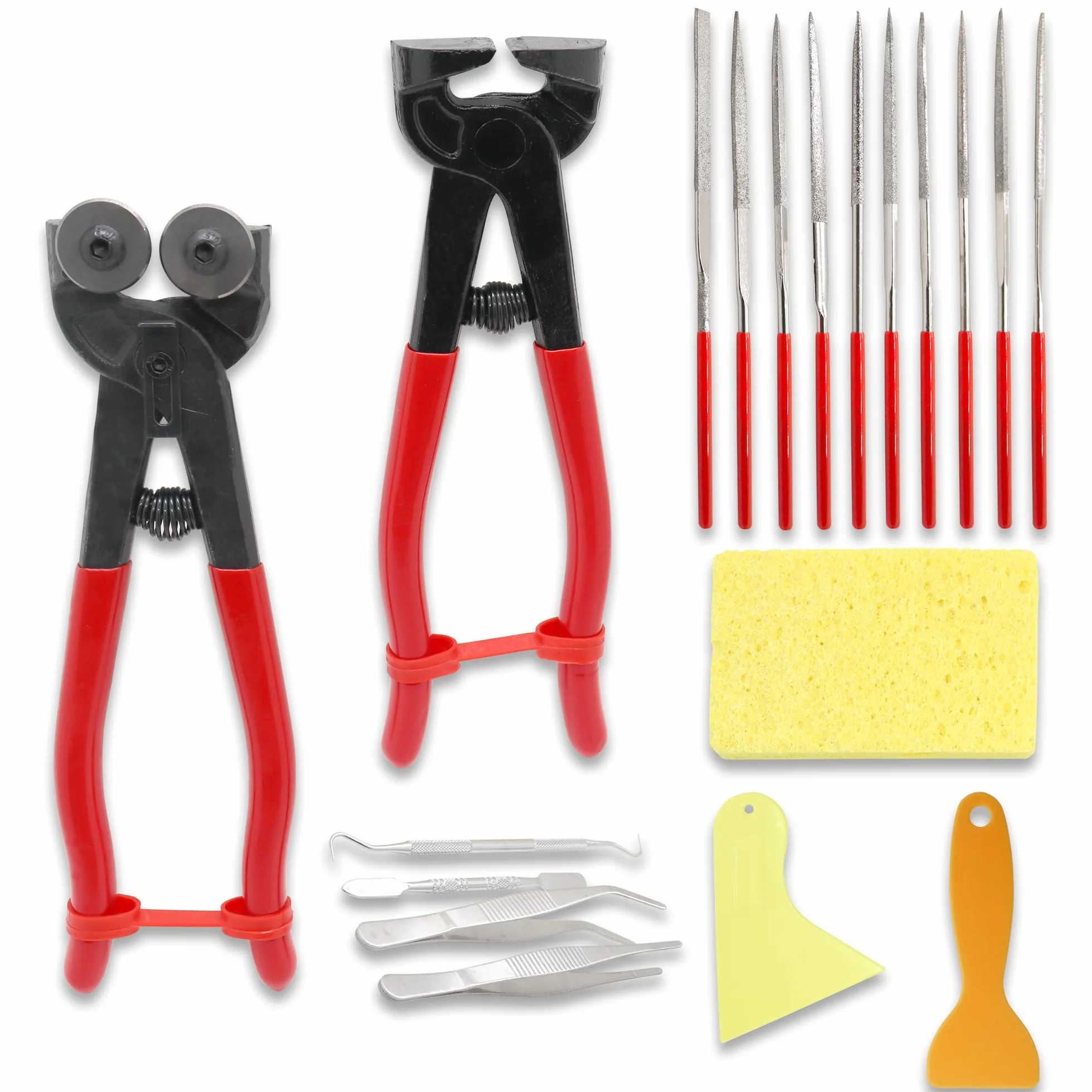Diyoung Lot de 19 Outils de Mosaïque avec Ciseaux à Verre, Ciseaux à Carrelage, Pinces à Chammer, Pinces à épiler, Double Crochet, Spatule, Raclette, éponge pour Couper et Poncer le Verre et la