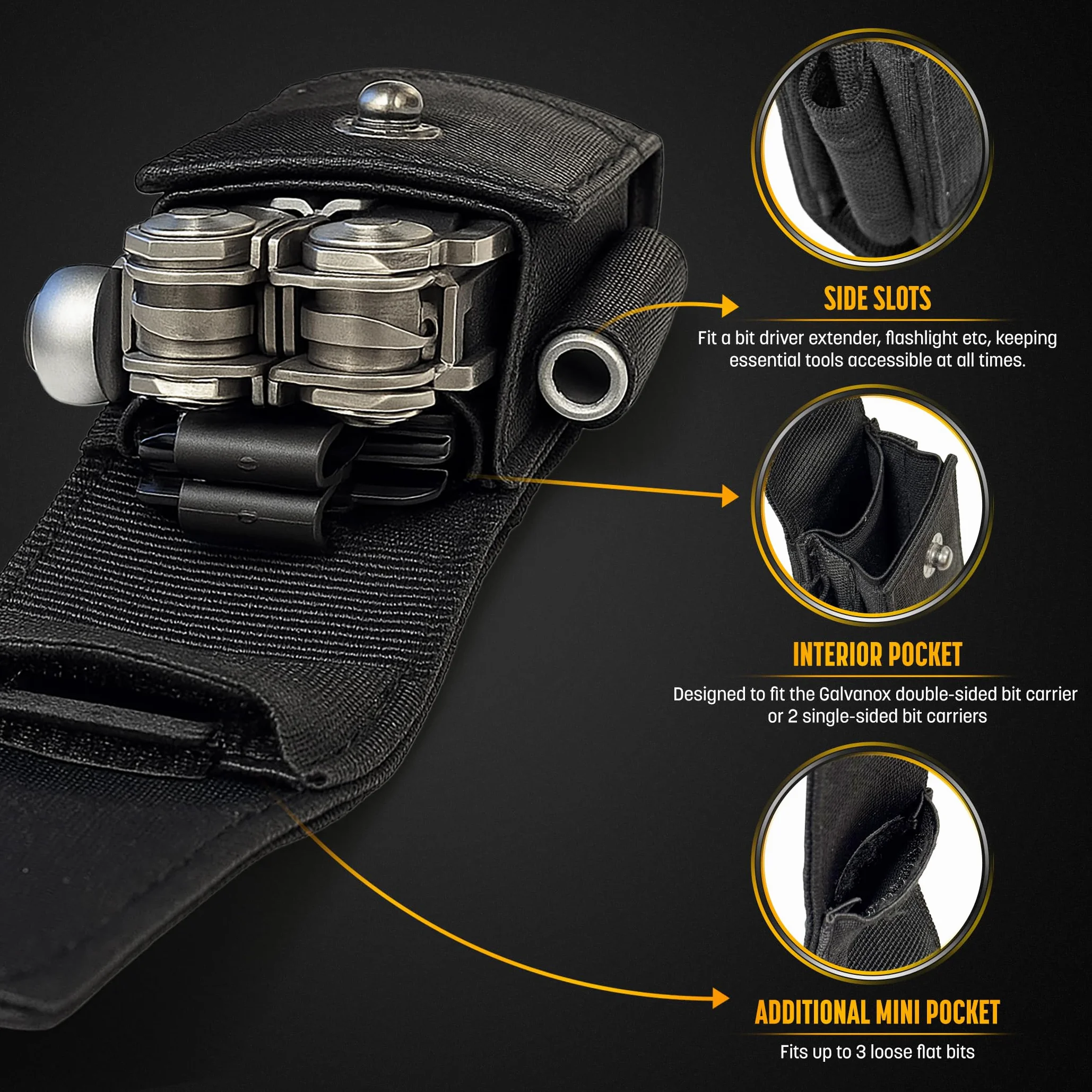 GALVANOX Étui Nylon pour Multitool Compatible Leatherman avec 21 Embouts Tournevis Plats et Support – Holster Ceinture avec Poches, kit Inclus (4"–4,5")