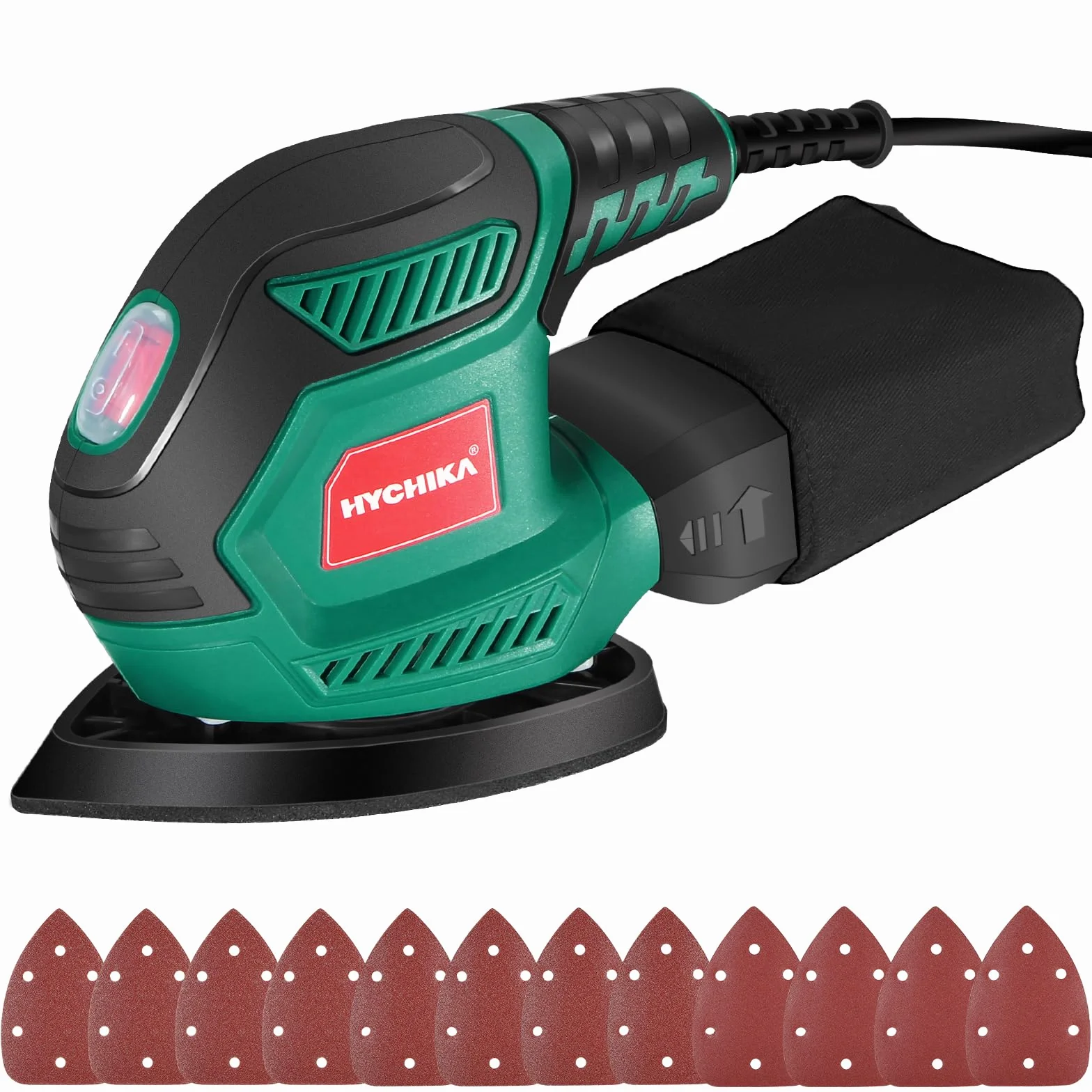 HYCHIKA Ponceuse Bois, 200W 14000RPM Ponceuse Electrique avec 12pcs Papier de Verre& Collecte de Poussière, Idéale pour Angles et Bords, Métal et Bois