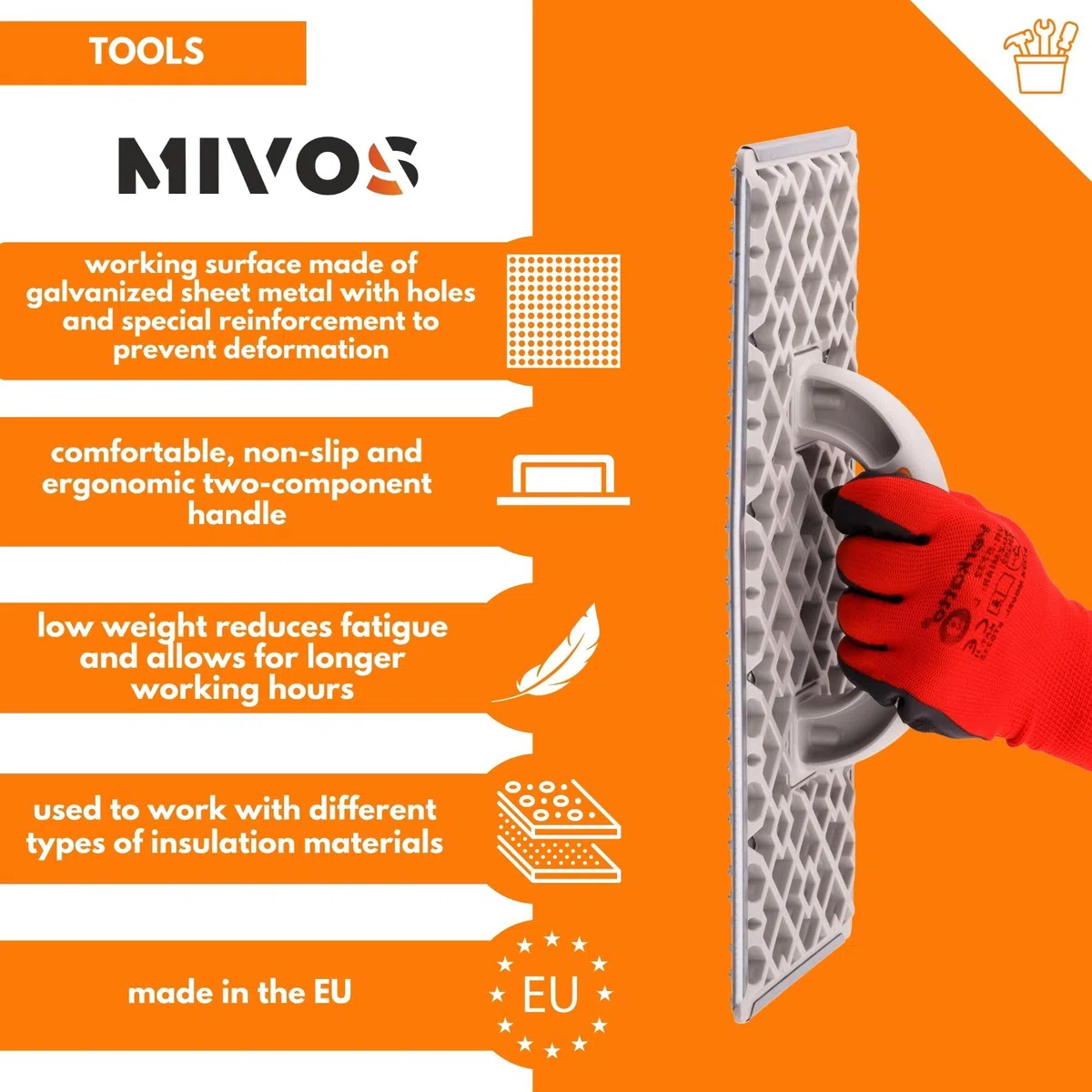 MIVOS Planche à poncer - Planche à râper pour polystyrène expansé - Planche à râper avec revêtement en tôle d'acier galvanisée - 380 x 155 mm