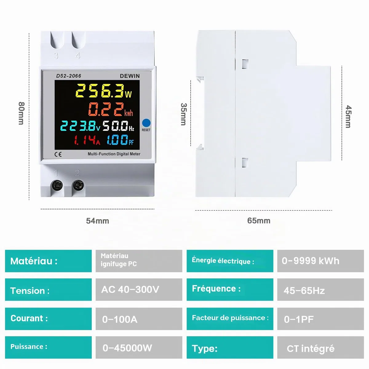 DeWin Compteur d'électricité Numérique, Compteur d'énergie Monophasé Courant Tension Puissance KWH Compteur 6 en 1 Compteur d'énergie avec écran LCD AC 40-300V 0-100A