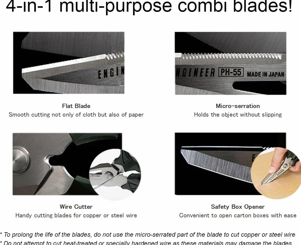 Multi function scissors, 4-in-1 combi bladecuts leather, solid wire, CDs, thick rope & more. Made in Japan. Engineer ph-55