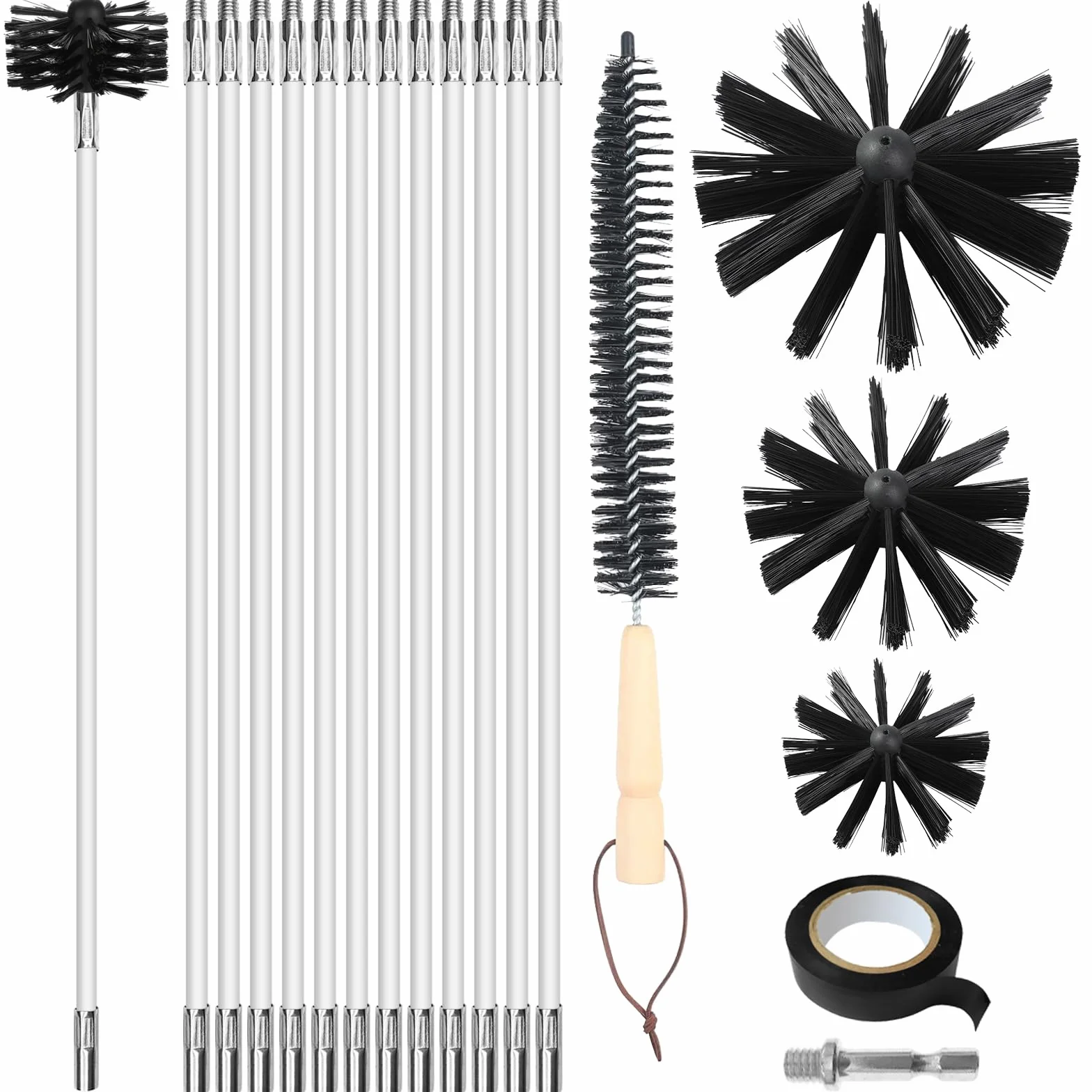 Hérisson ramonage, 17 pièces de Nettoyage de conduits daération | Avec 12 tiges de 41 cm, 3 têtes de Brosse de 10cm/15cm/20cm, a Tige hexagonale de 4,5 cm, a Brosse à Manche en Bois de 38 cm