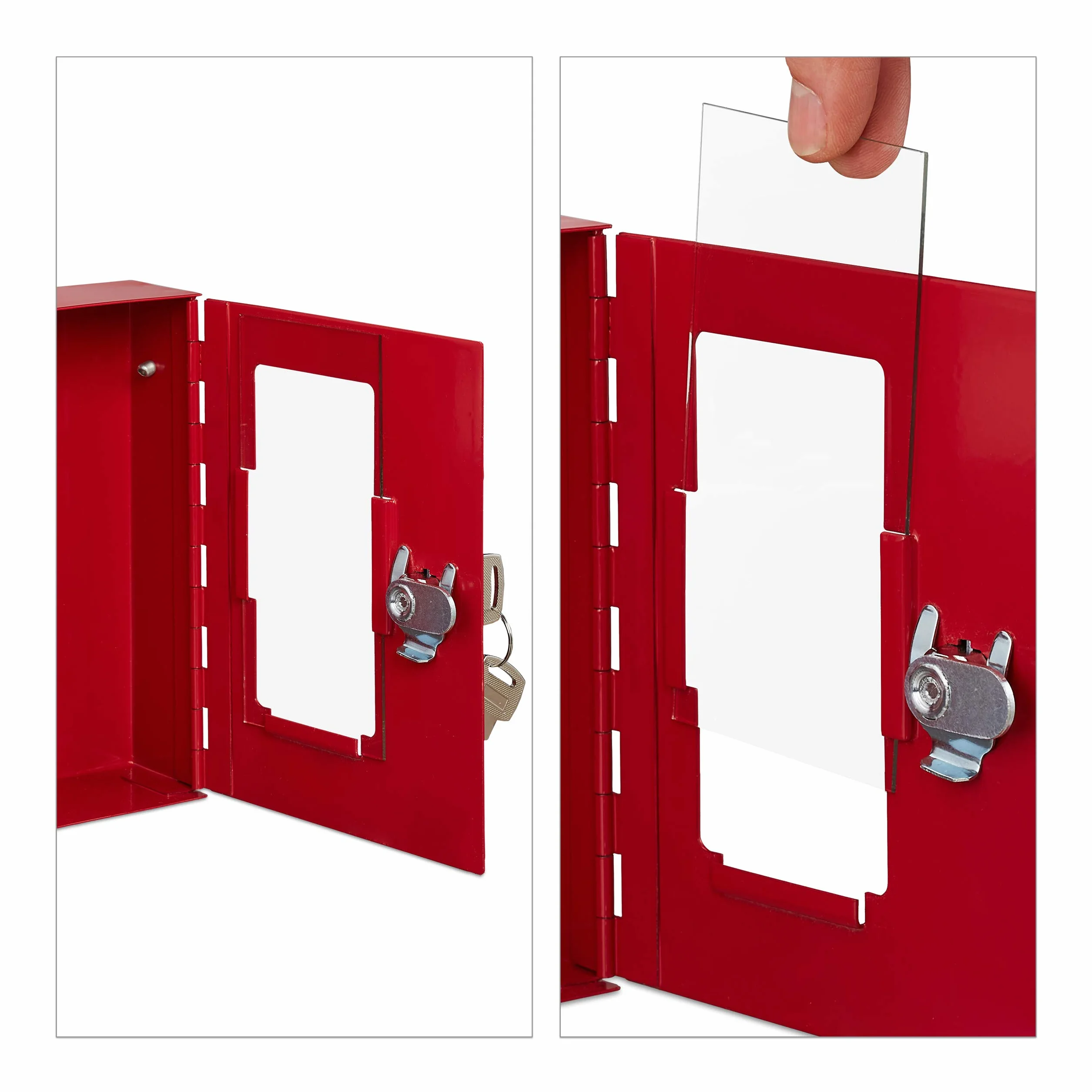 Relaxdays Boîte pour clés d’Urgence, avec vitre de Verre et Marteau, verrouillable, en métal, Petit boîtier, Rouge