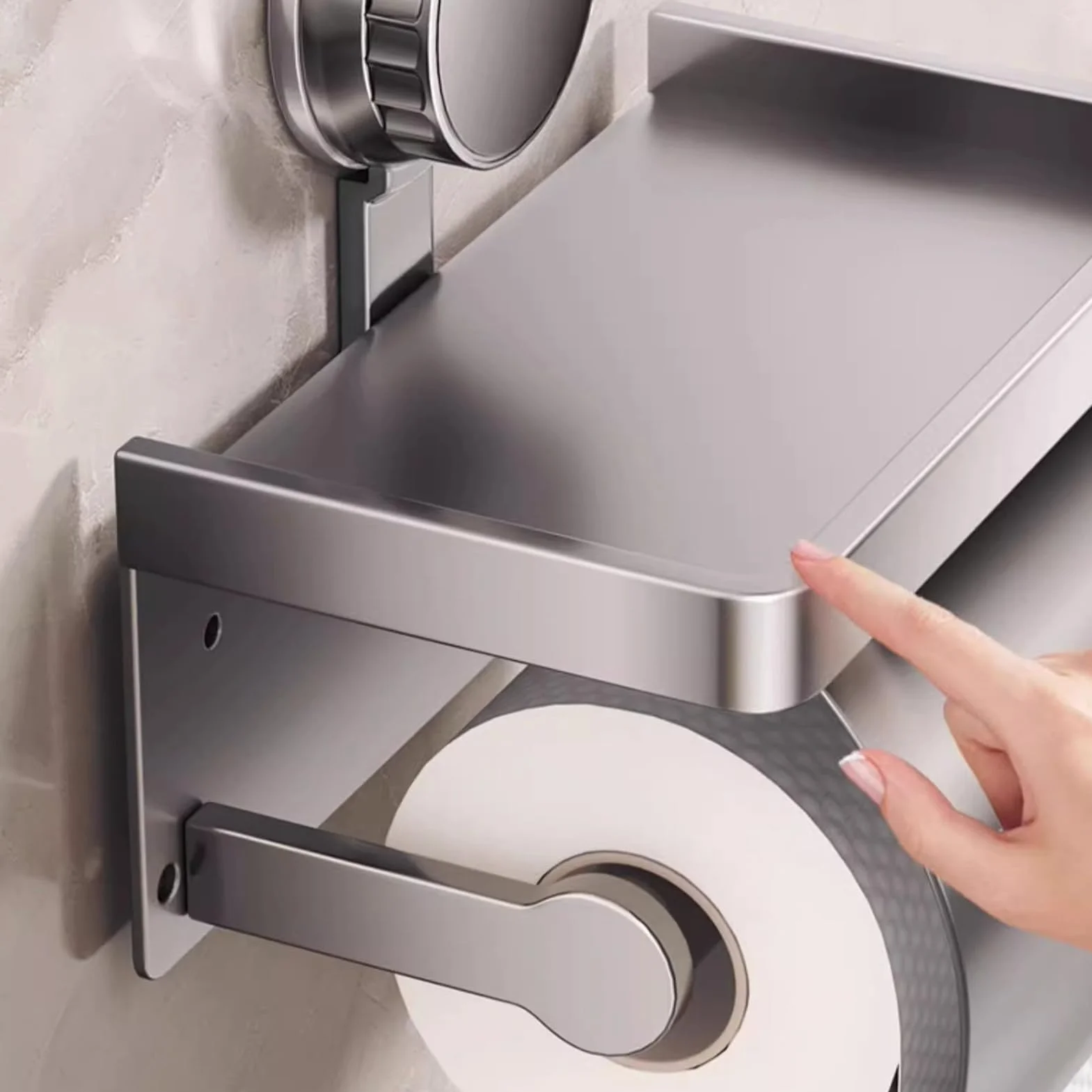 Porte-Rouleau de Papier Toilette avec étagère - en Acier Inoxydable - sans perçage - avec Ventouse - Chrome Poli - Gris