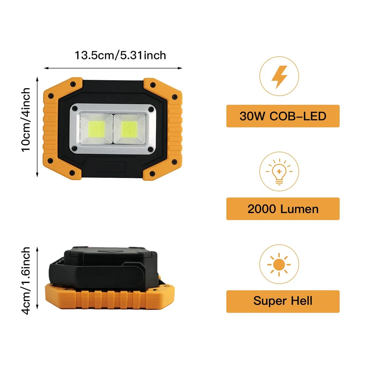 Lot de 2 projecteurs de chantier LED 30 W rechargeables super lumineux 3 modes d'éclairage Lampe de travail étanche COB USB Lampe de camping pour garage, extérieur, camping, urgence, chantiers de