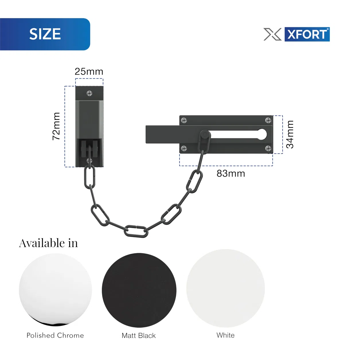 Chaîne de verrouillage de porte XFORT en chrome poli, chaîne de sécurité pour porte avant avec mécanisme de déverrouillage par clé externe.