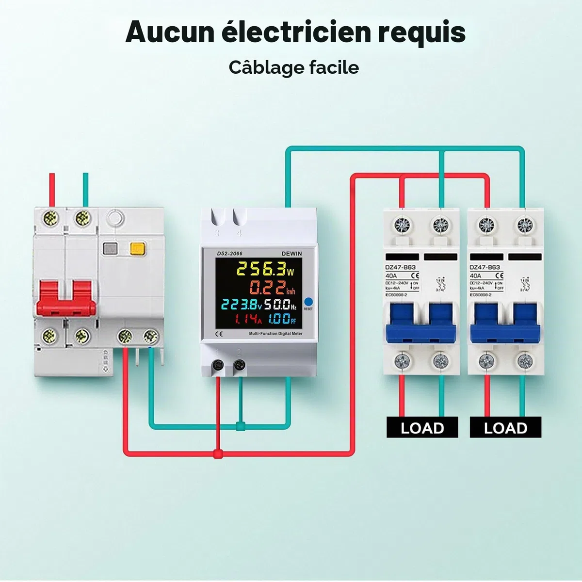 DeWin Compteur d'électricité Numérique, Compteur d'énergie Monophasé Courant Tension Puissance KWH Compteur 6 en 1 Compteur d'énergie avec écran LCD AC 40-300V 0-100A