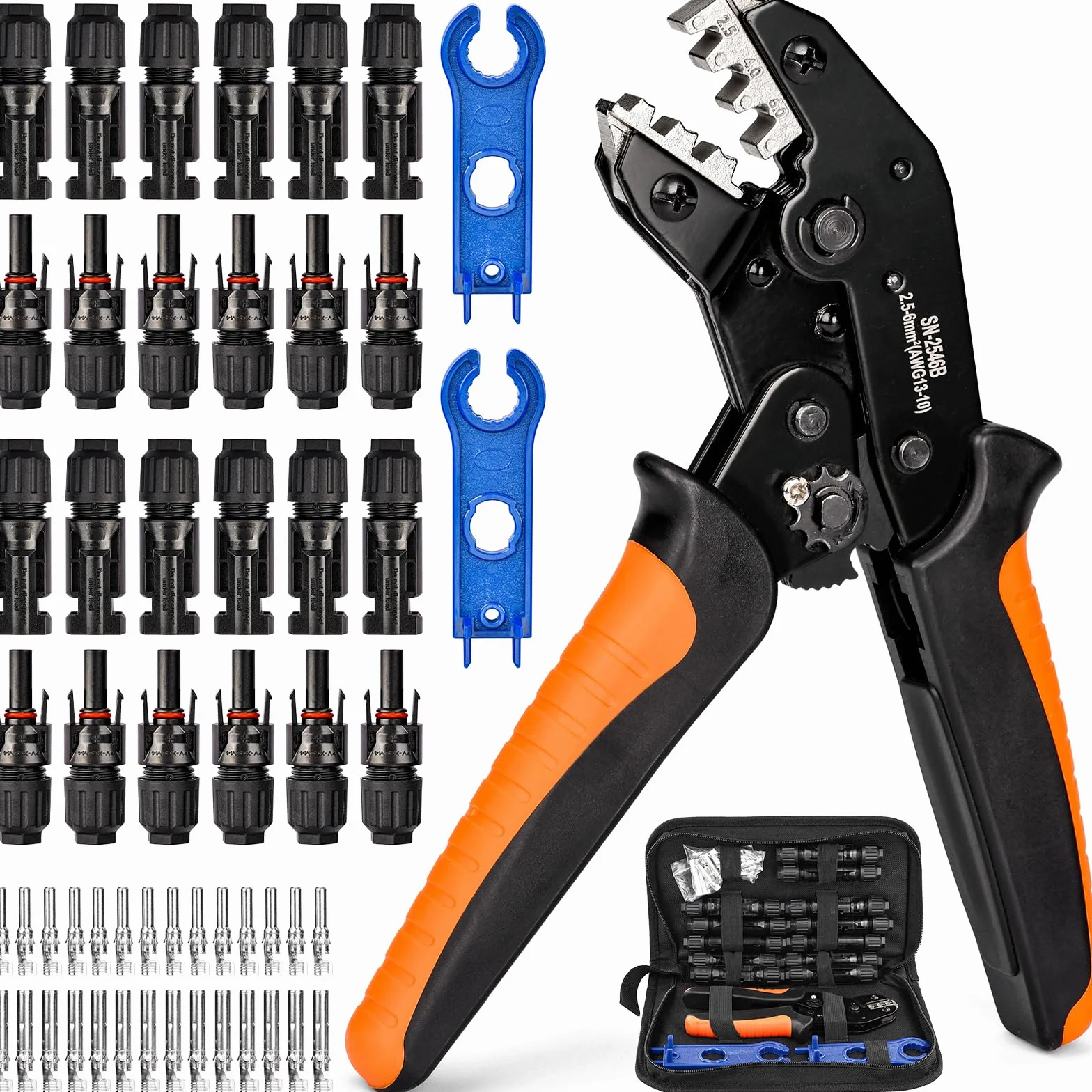 Kit d'outils de sertissage solaire pour câbles PV de 2,5/4/6 mm²,1 pince à sertir, 12 paires de connecteurs mâle/femelle,14 paires connecteurs de câble,2 Pièces de Clé,pour Câble PV de Panneau Solaire