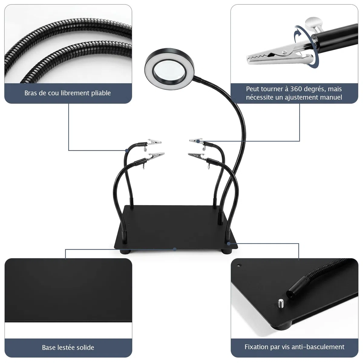 Troisième Main Soudure 6X Loupe LED Lampe 4 Bras Flexibles Support Circuit Imprimé Station de Soudage pour Bijoutier Electronicien Bricolage