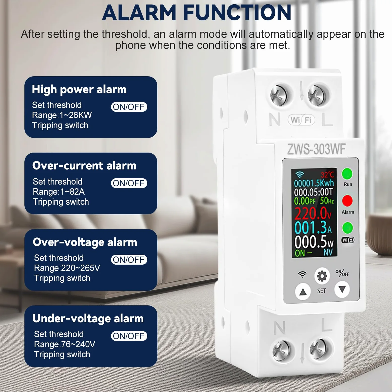 Compteur electrique connecté 63A TUYA compteur électrique wifi Intelligent compteurs d'énergie monophasé AC80-300V avec Protection contre les fuites de surcharge de surintensité ZWS-303WF