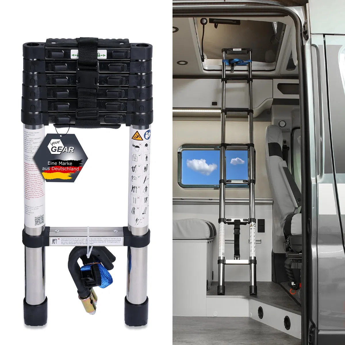 your GEAR Pescara - Échelle télescopique en acier de 2 m, max 150 kg, échelle étroite pour camping-car, caravane et fourgon à toit surélevé