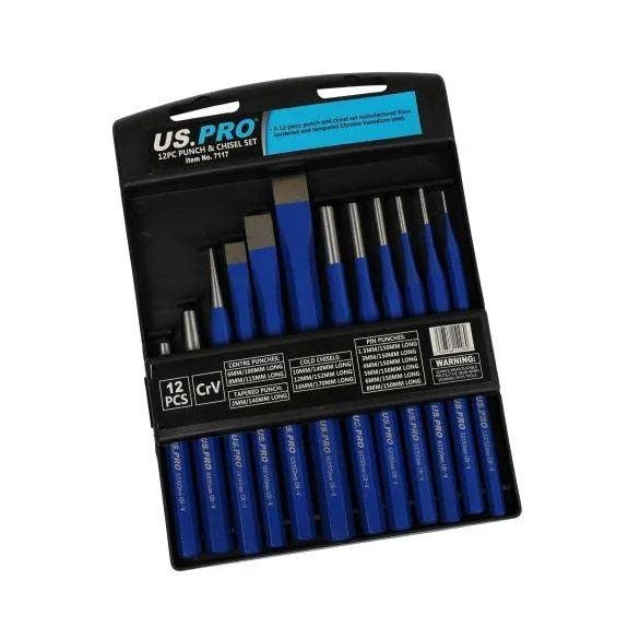 US PRO Tools 7117 Lot de 12 poinçons et burins à froid