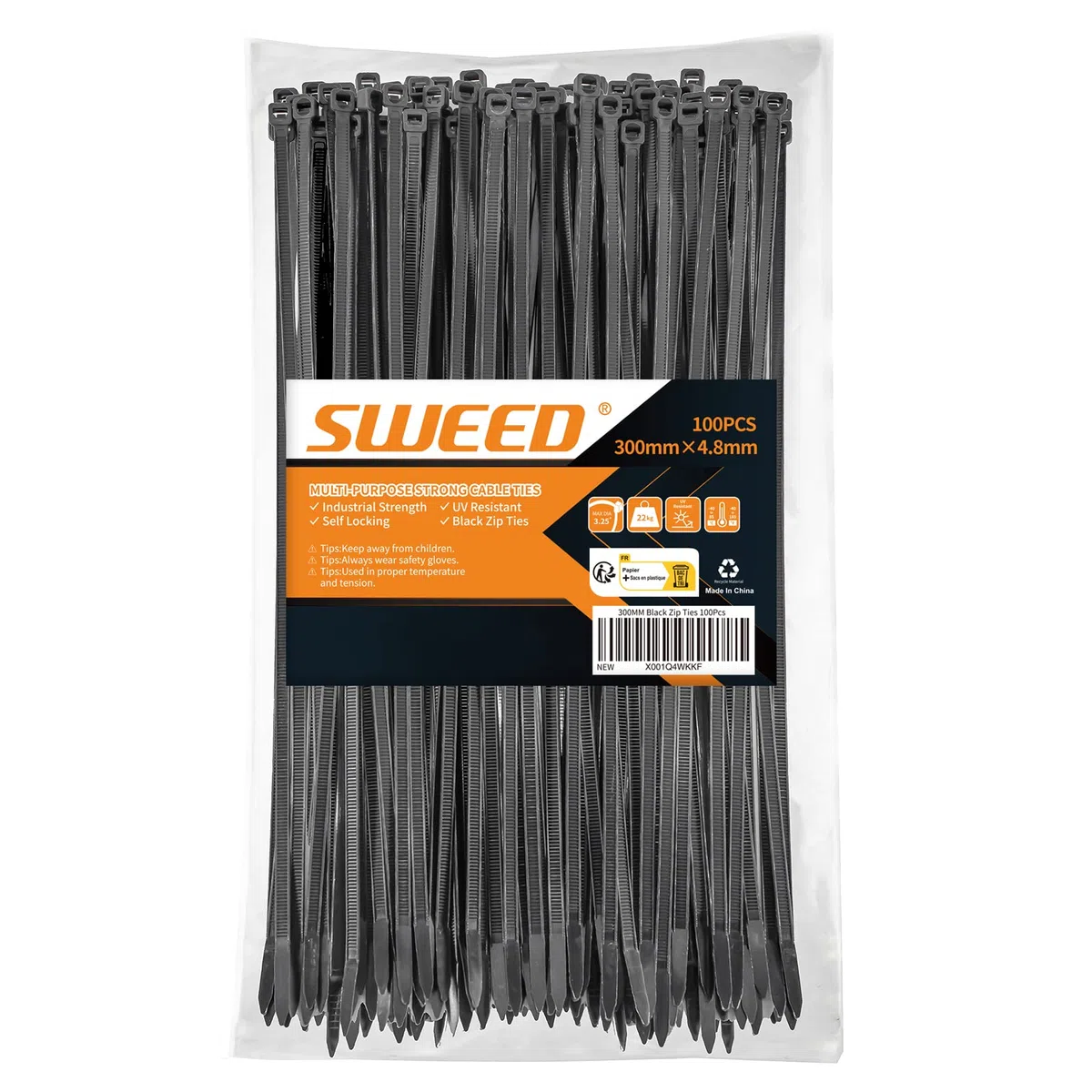 100pcs Serre Câble 300x4.8mm, Serflex Noir, Riselant Plastique, Serre Cable Souple et Robuste Resistant à La Traction De 22kg, Collier De Serrage Réutilisable Usage En Intérieur Et Extérieur