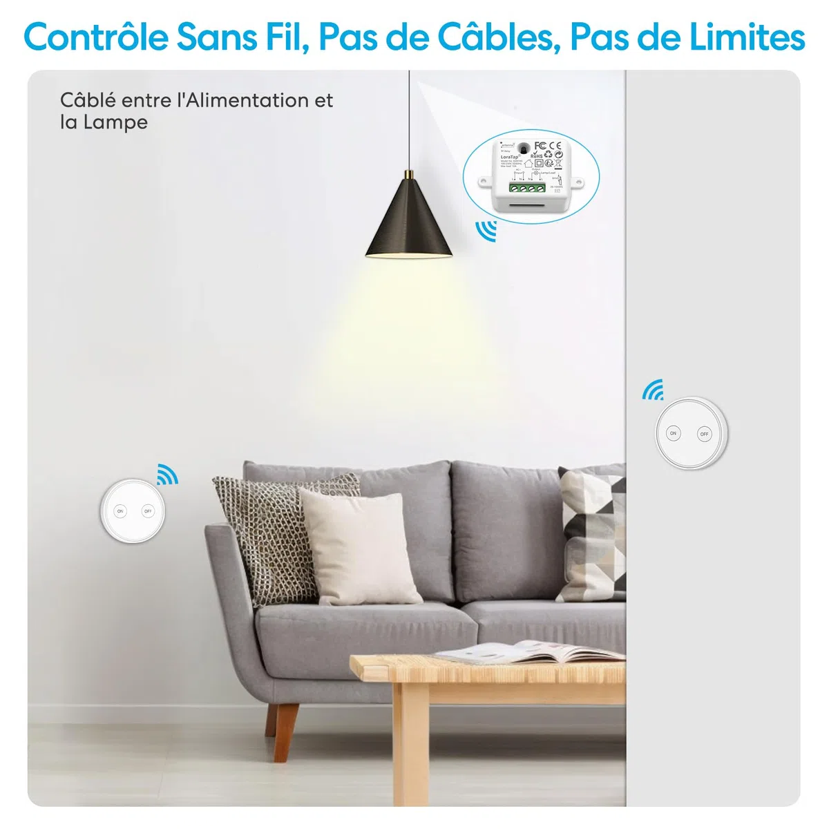 LoraTap Kit Interrupteur Sans Fil, Va et Vient, Récepteur 2500W, Portée 200M, Emetteur Radio 868Mhz, Commande à Distance Mural Avec 2 Télécommandes ON/OFF Pour Eclairage