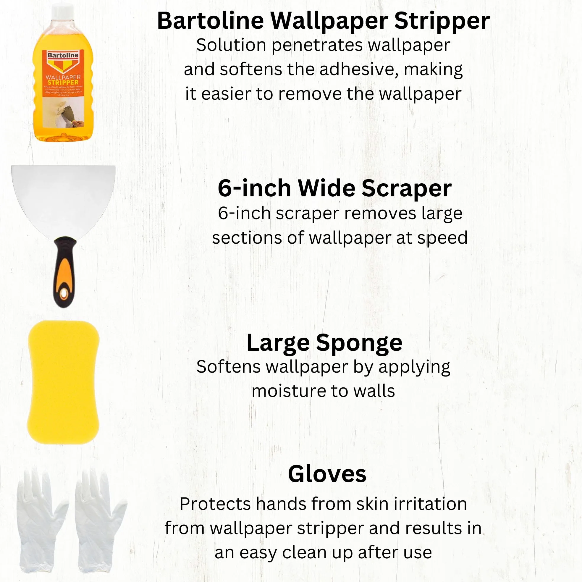 Kit de retrait de papier peint – Le lot comprend 2 décapants pour papier peint, une grande éponge et une paire de gants – Convient pour tous les types de retrait de papier peint