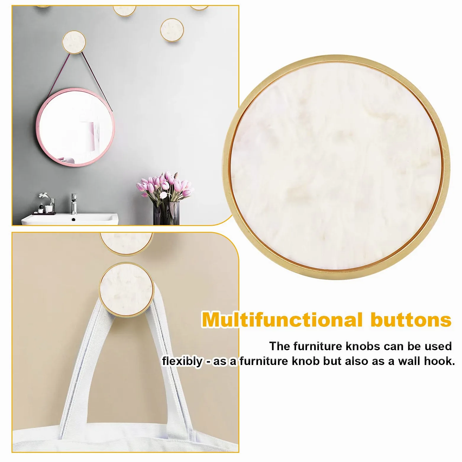Kyrio Lot de 8 boutons de placard en laiton et marbre ronds blancs - Poignées décoratives pour tiroirs, armoires, meubles de cuisine