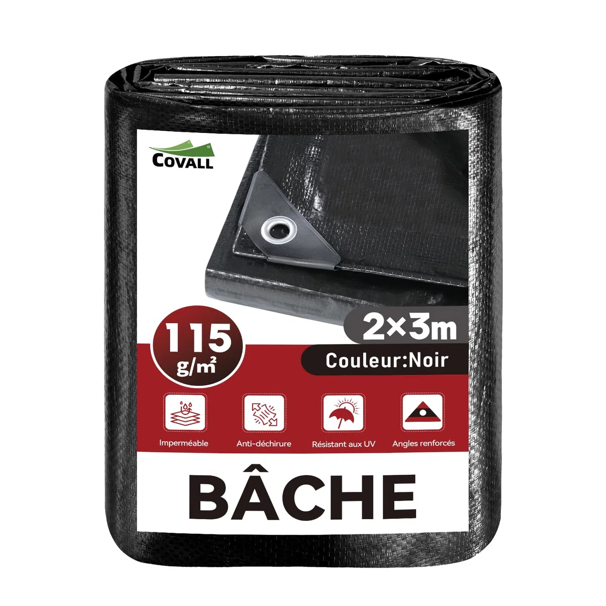 bâche Noire imperméable 115g/m² 2x3m, Protection extérieure, Anti-UV, Anti-déchirement, œillets métalliques Tous Les 50cm, Fixation Facile, pour Jardin, poulailler, Bois, Piscine, toiture