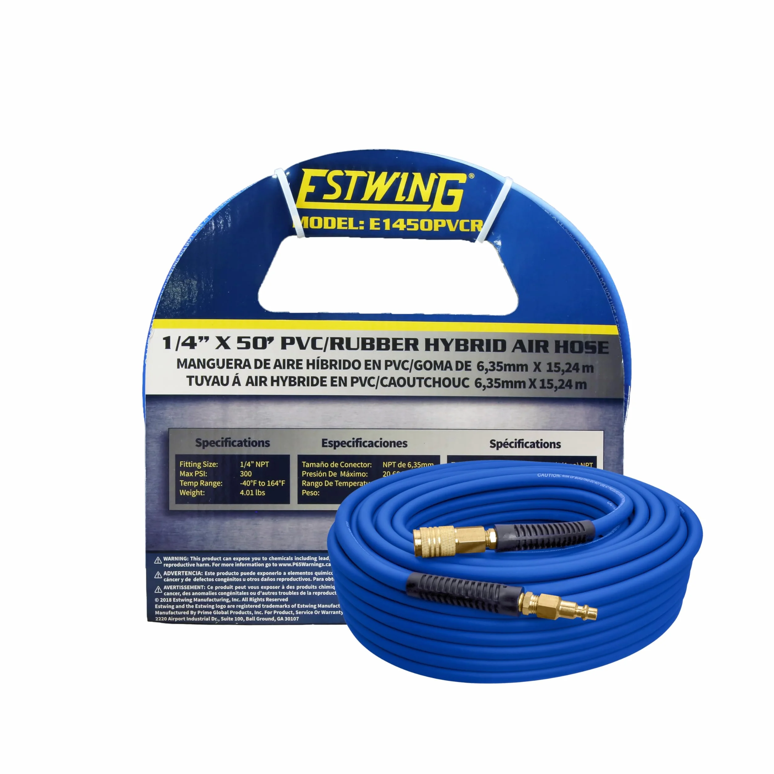 Estwing E1450PVCR Tuyau d'air hybride en PVC/caoutchouc de 15,2 m avec raccord industriel NPT en laiton et coupleur universel à connexion rapide, bleu et jaune, 0,6 cm x 15,2 m