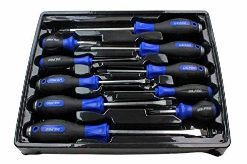 US PRO Tools 1621 Jeu de 10 tournevis cruciformes et fente avec pointe magnétique