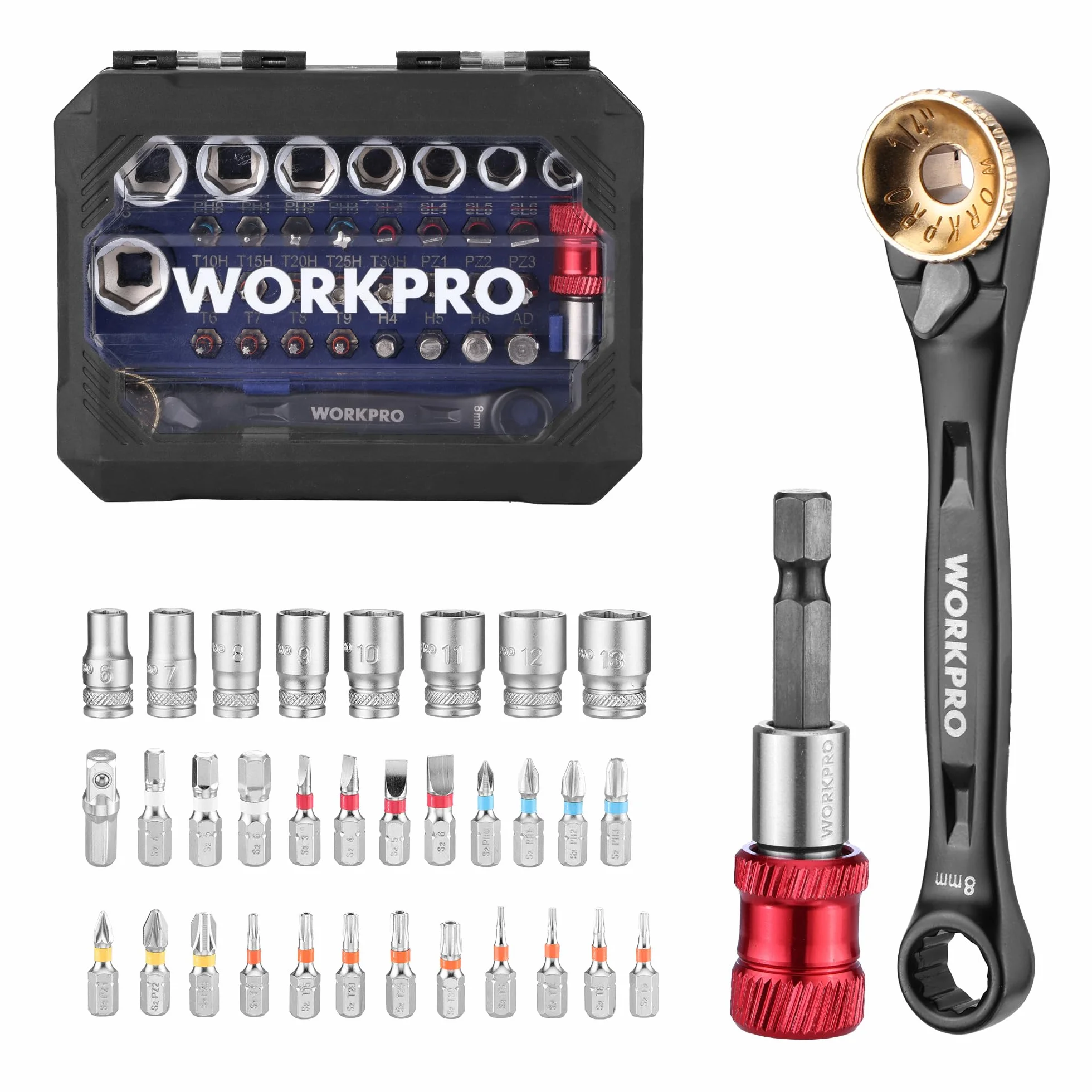 WORKPRO Coffret Douilles et Embouts 34 Pièces, Mini Clé à Cliquet 1/4" Double Tête 3-en-1, Embouts de Tournevis en Acier S2, Porte-Embout Magnétique et Adaptateur, Outils de Réparation pour Voitures