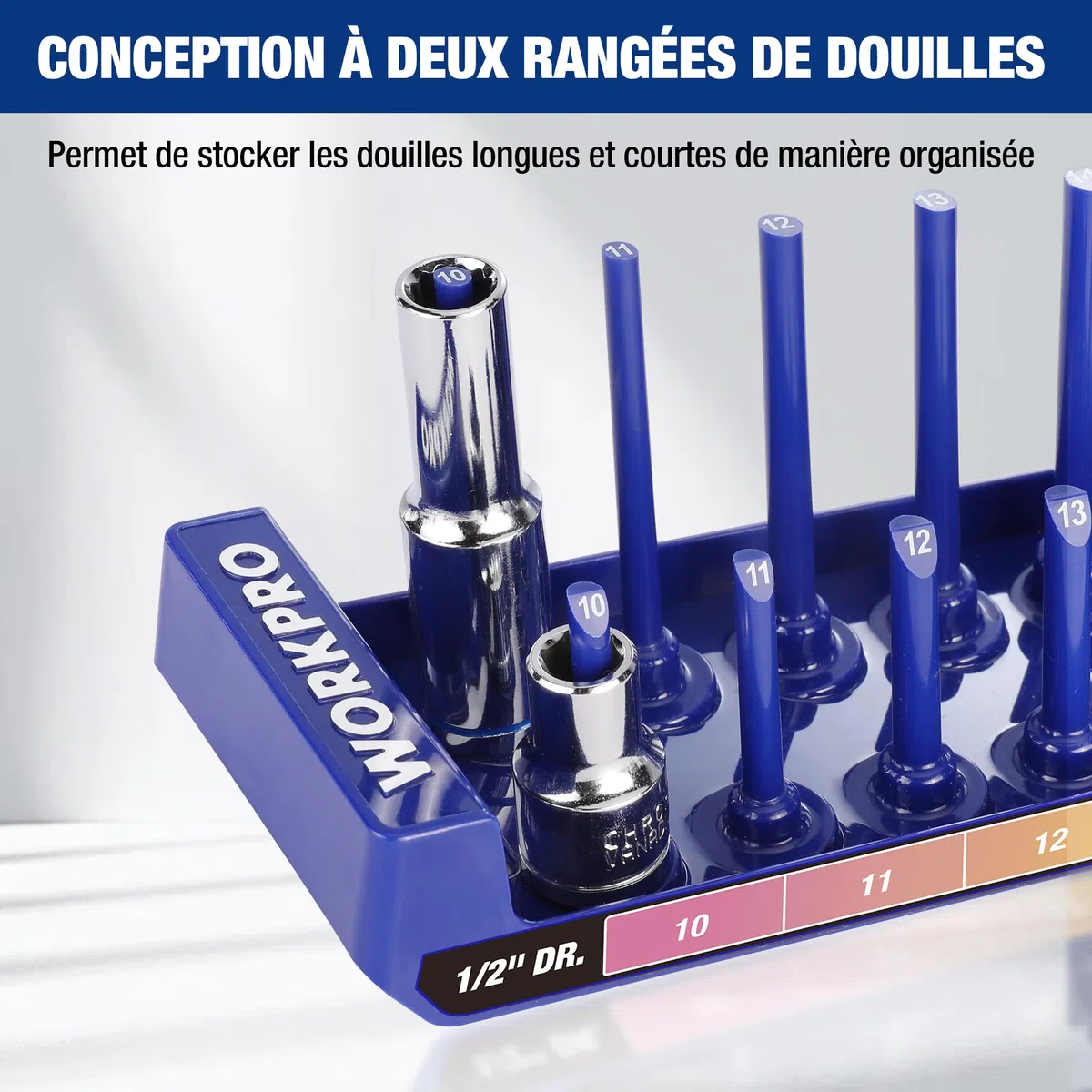 WORKPRO Kit d'Organisateur de Douilles 4 Pièces, 1/4", 3/8", 1/2" pour Douilles Métriques, Support de Rangement pour Douilles avec Plateau de Stockage, Porte-Douilles Shadow pour Organiser vos Outils