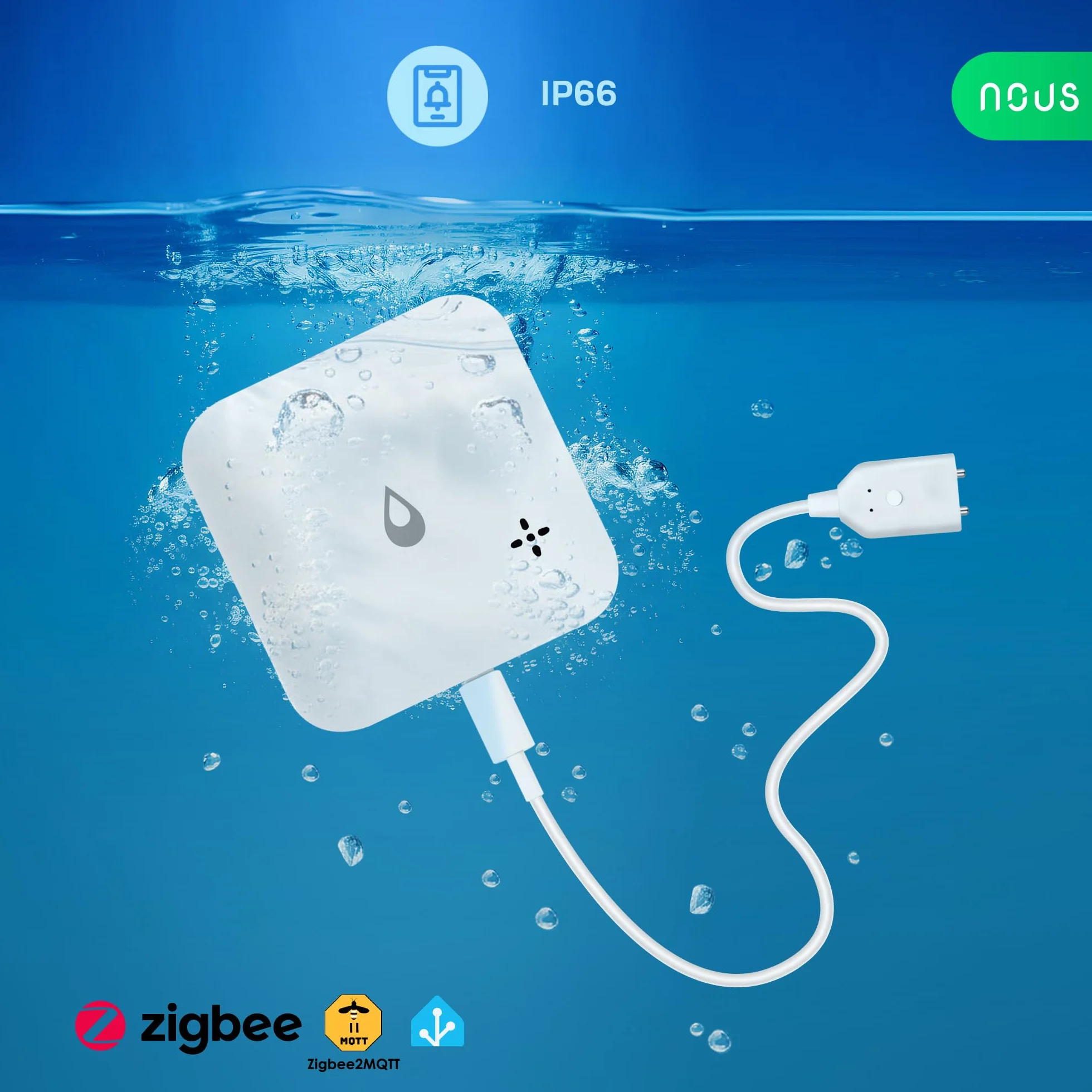 Nous ZigBee Capteur d'eau E13 pour Fuite ou Manque d'eau, Alarme 80 DB, Notification d'application, IP66, Fonctionne avec Piles (2 x AAA), Compatible avec Alexa, Google Home, hub ZigBee nécessaire