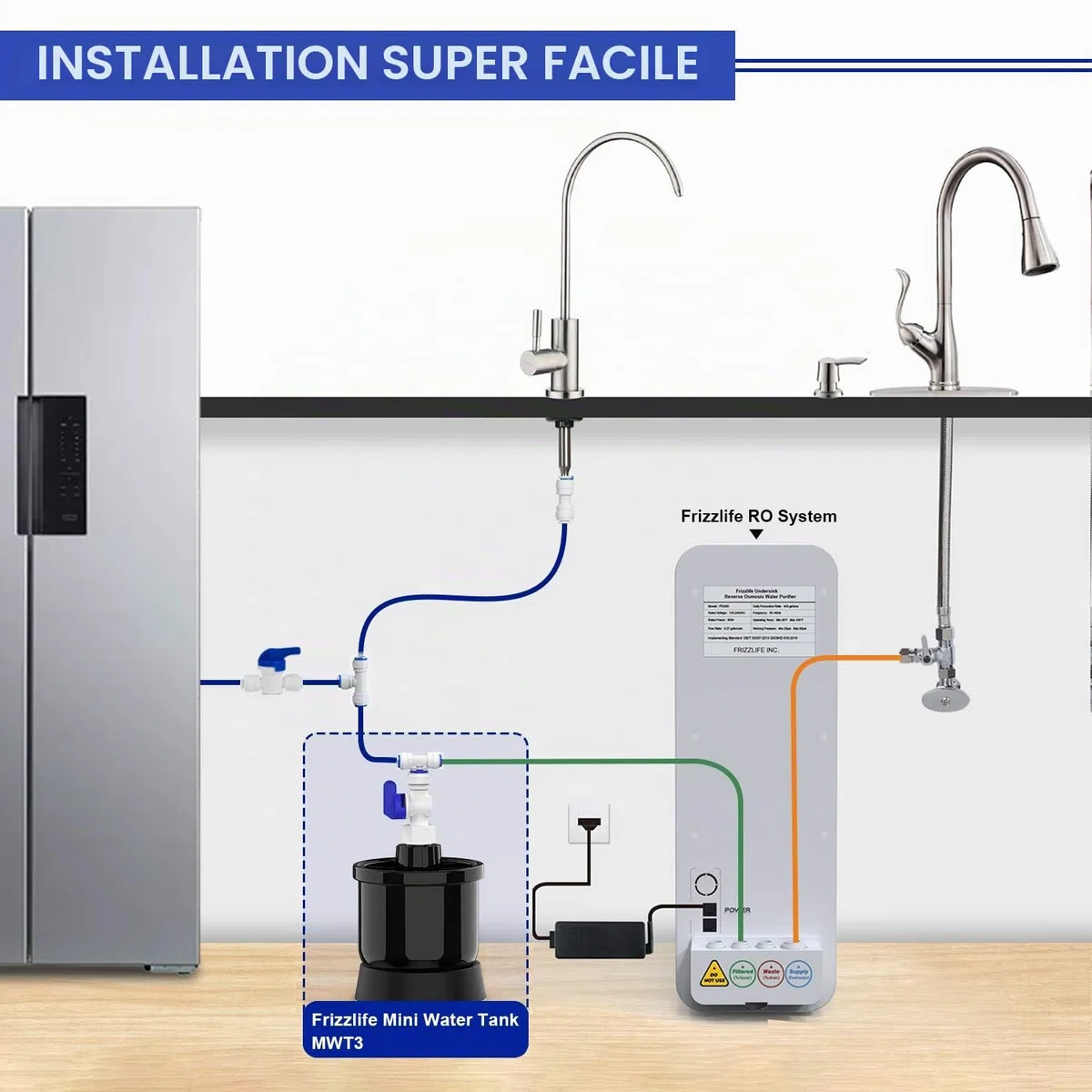 Frizzlife MWT3 Mini réservoir d'eau sous pression avec vanne à boisseau sphérique pour système d'osmose inverse PD400, PD500, PD600-TAM3