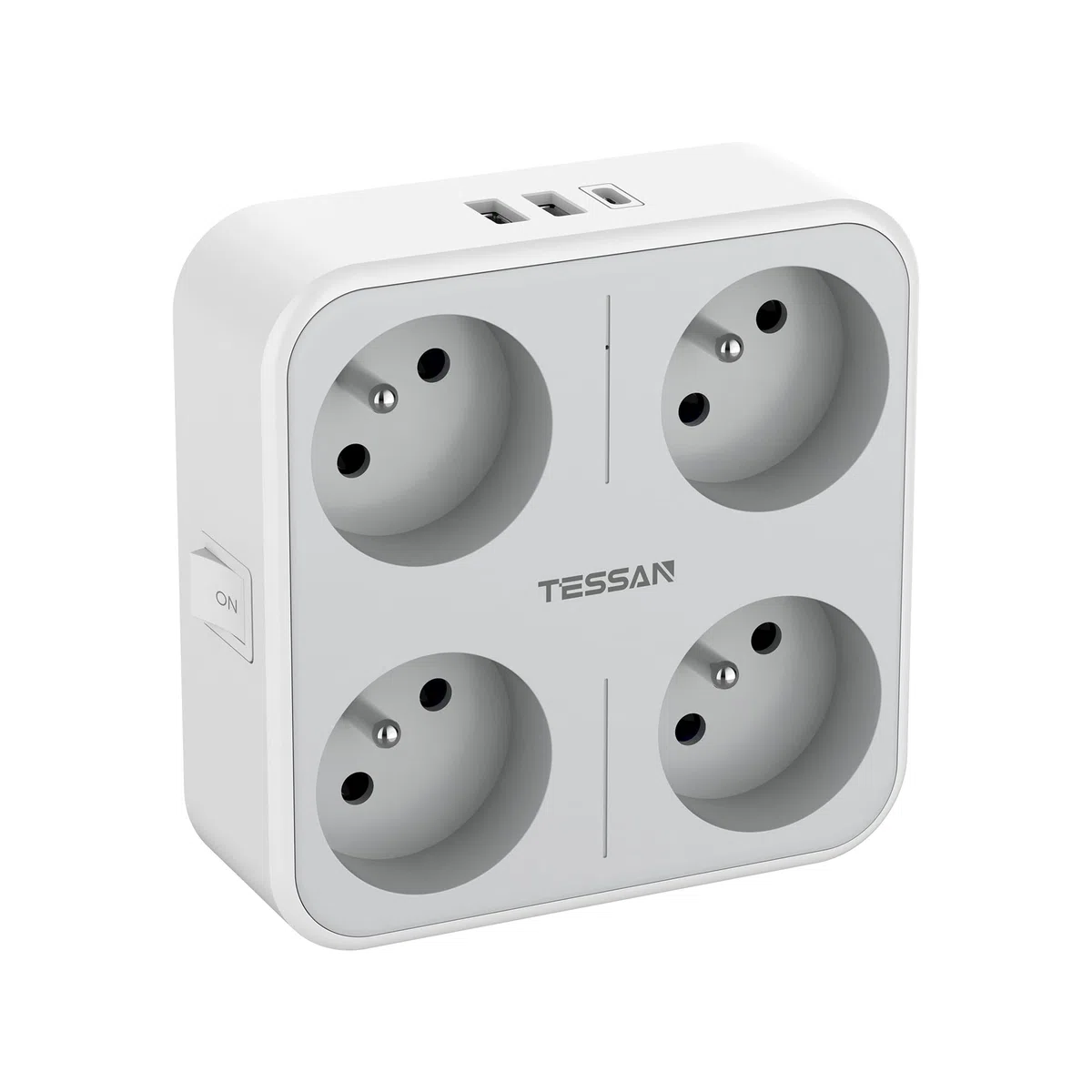 TESSAN Multiprise Murale Française avec 4 Sortie AC et 3 Ports USB, 7 en 1 Prise Électrique 4000W avec Interrupteur, Secteur USB C Gris Convient pour Domicile, Bureau, Compatible pour Phone, Pad